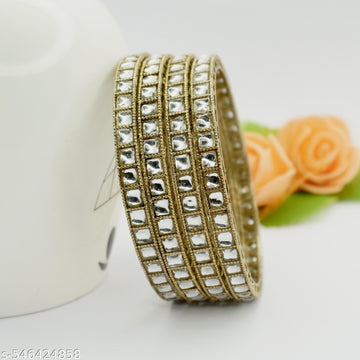 Mehndi-Plated White Kundan Bangles Set of 4 – Square Stone Antique Traditional Wear