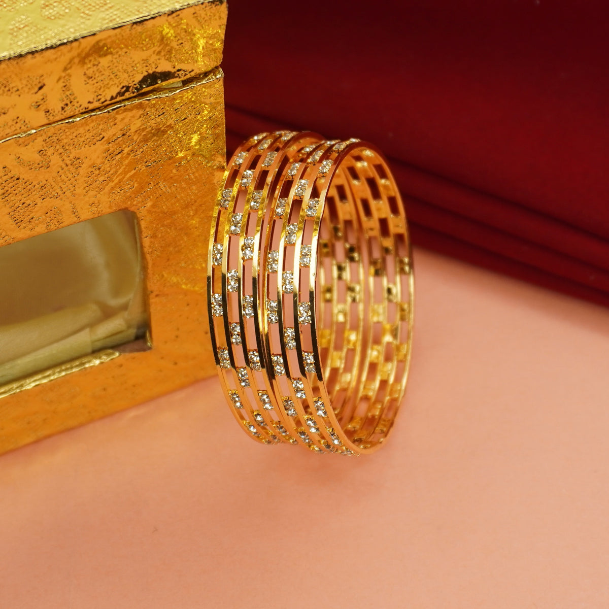 Gold-Plated Openwork Bangles Set of 2 with White AD Stones – Lightweight Daily & Party Wear