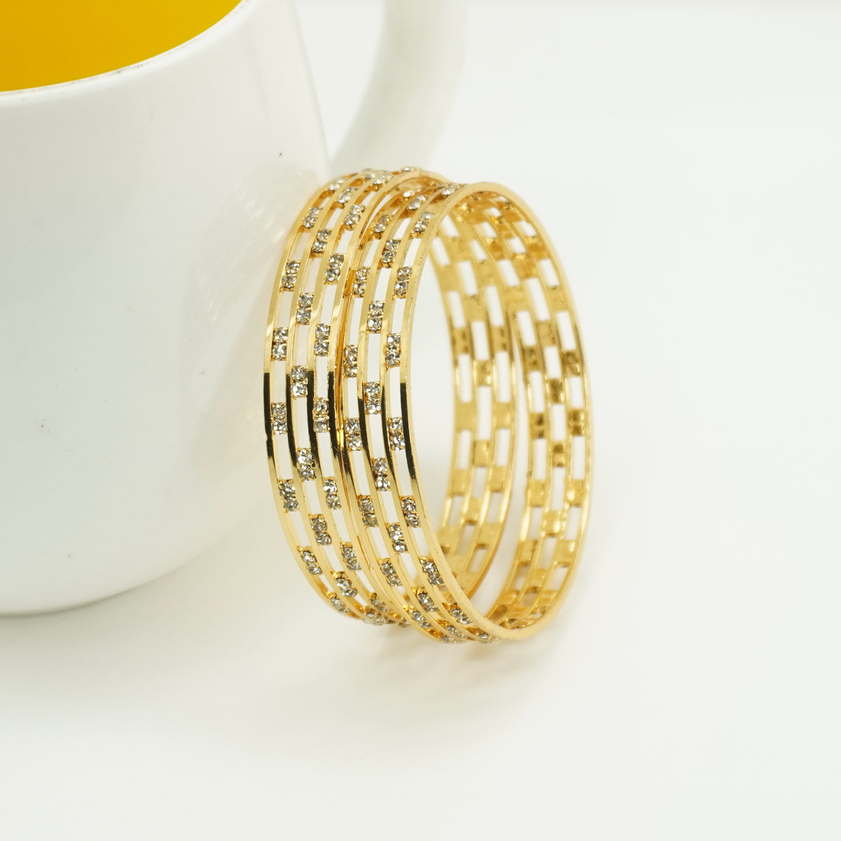 Gold-Plated Openwork Bangles Set of 2 with White AD Stones – Lightweight Daily & Party Wear