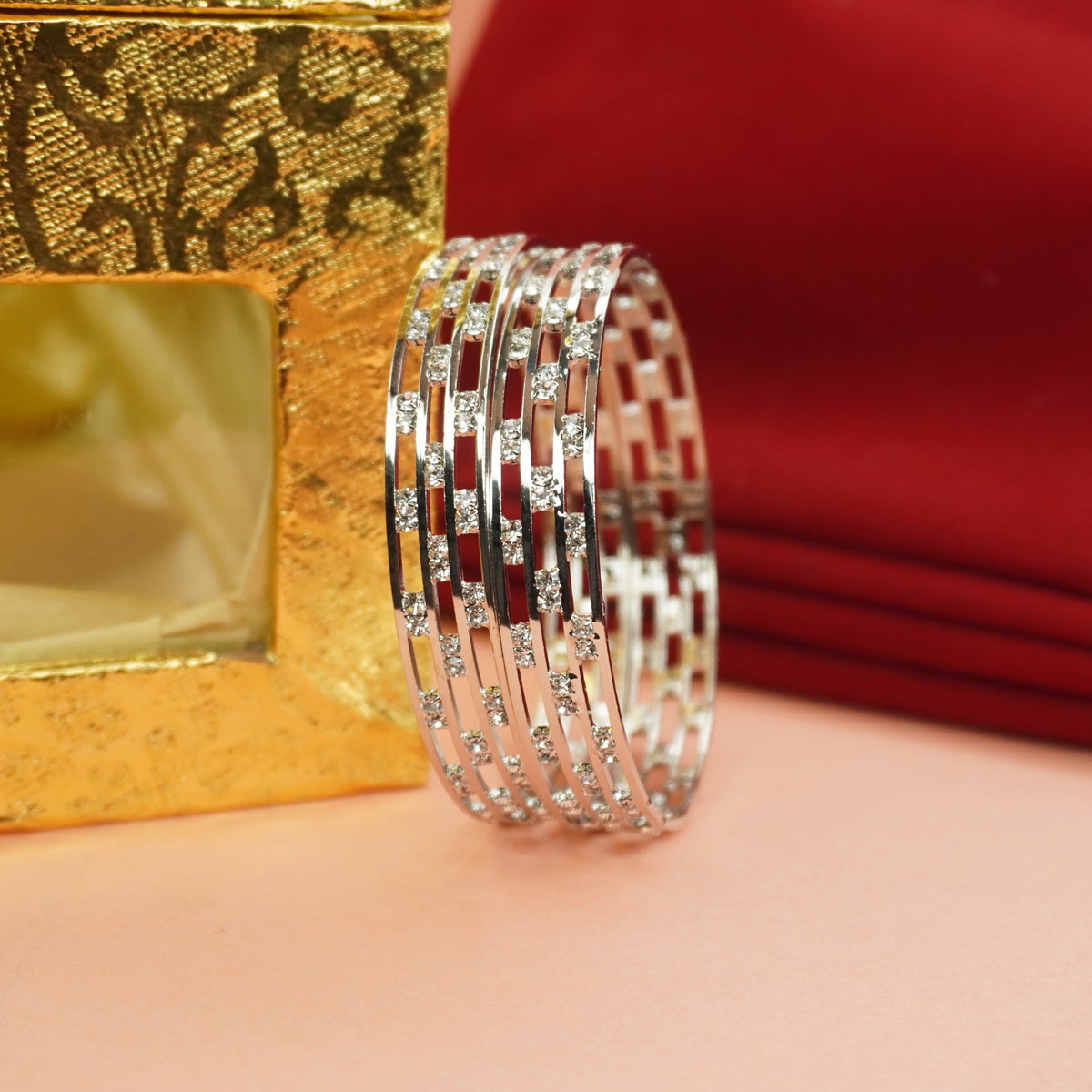 Rhodium-Plated Openwork Bangles Set of 2 with White AD Stones – Lightweight Daily & Party Wear