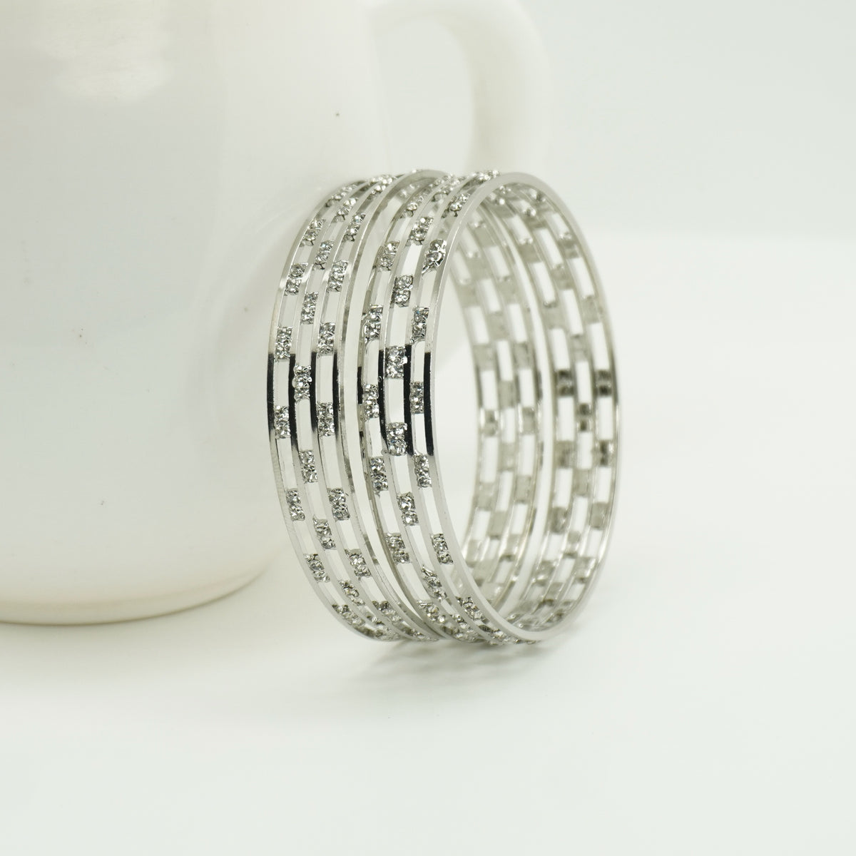 Rhodium-Plated Openwork Bangles Set of 2 with White AD Stones – Lightweight Daily & Party Wear