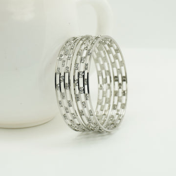 Rhodium-Plated Openwork Bangles Set of 2 with White AD Stones – Lightweight Daily & Party Wear