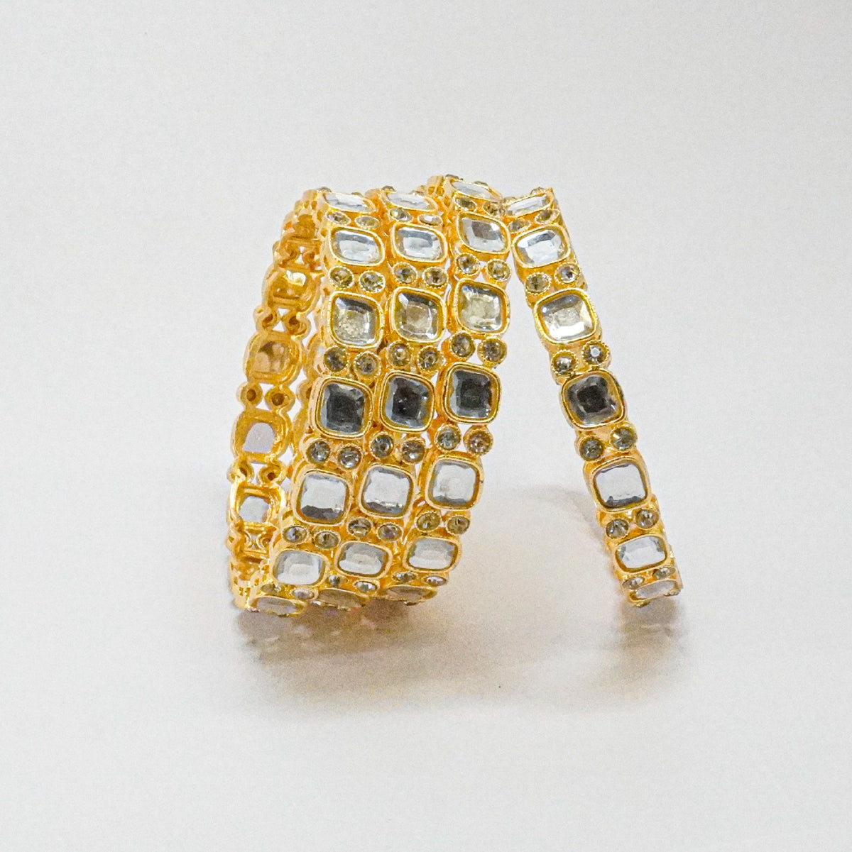 Gold-Plated Square Kundan Bangles Set of 4 with White Stones – Traditional Bridal Wear