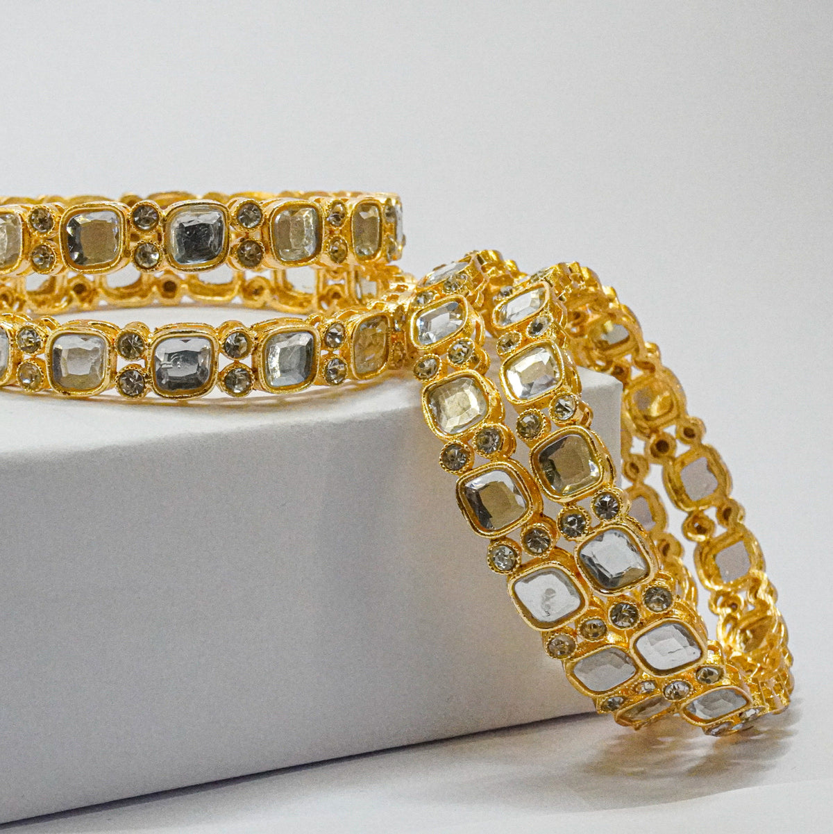 Gold-Plated Square Kundan Bangles Set of 4 with White Stones – Traditional Bridal Wear