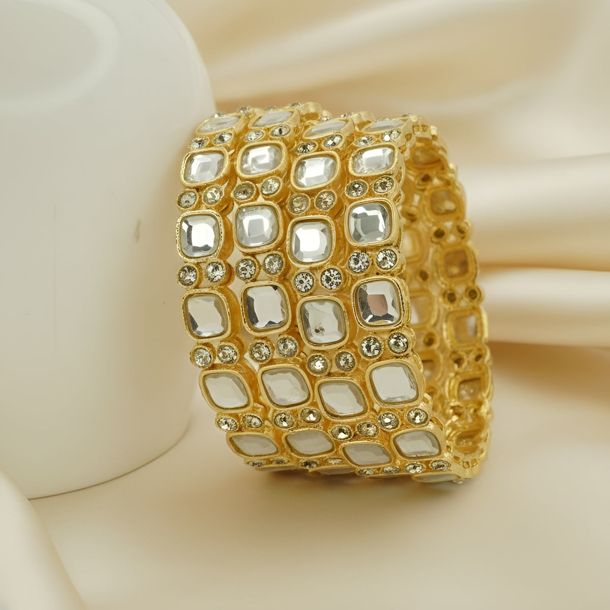 Gold-Plated Square Kundan Bangles Set of 4 with White Stones – Traditional Bridal Wear