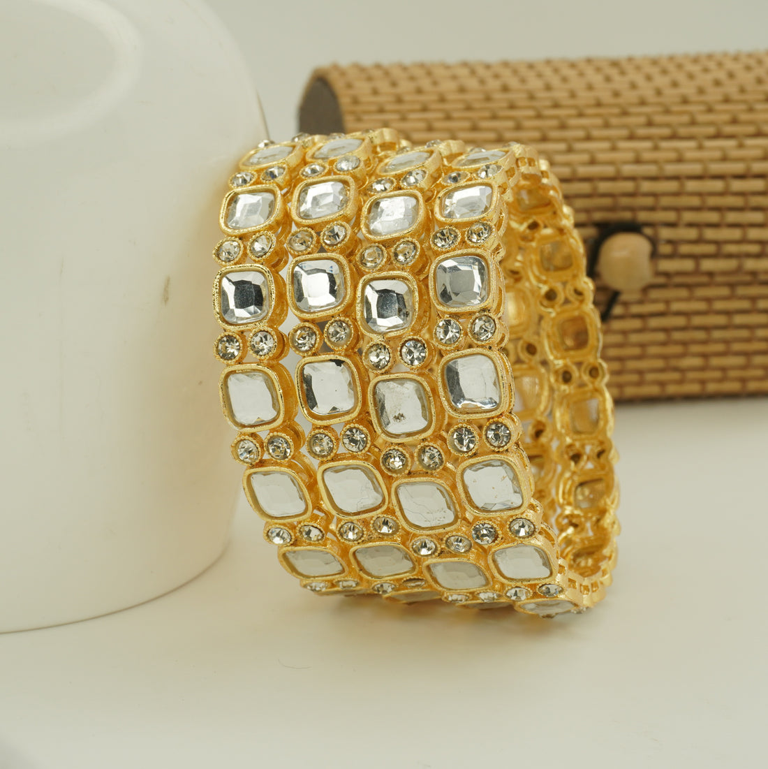 Gold-Plated Square Kundan Bangles Set of 4 with White Stones – Traditional Bridal Wear