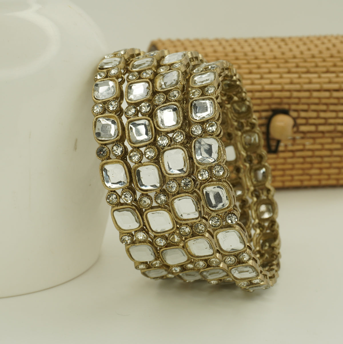 Mehndi-Plated Square Kundan Bangles Set of 4 with White Stones – Antique Bridal Wear