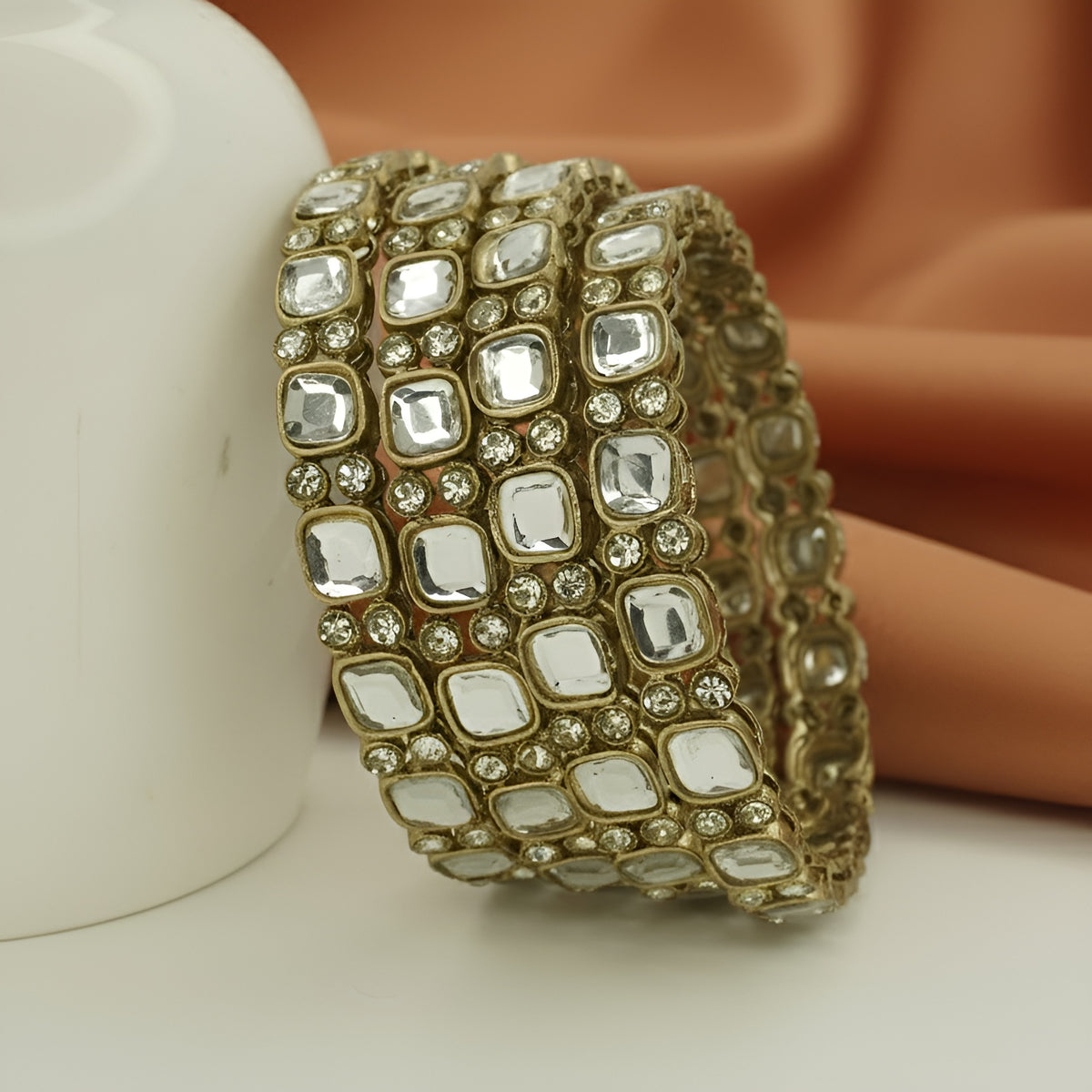 Mehndi-Plated Square Kundan Bangles Set of 4 with White Stones – Antique Bridal Wear