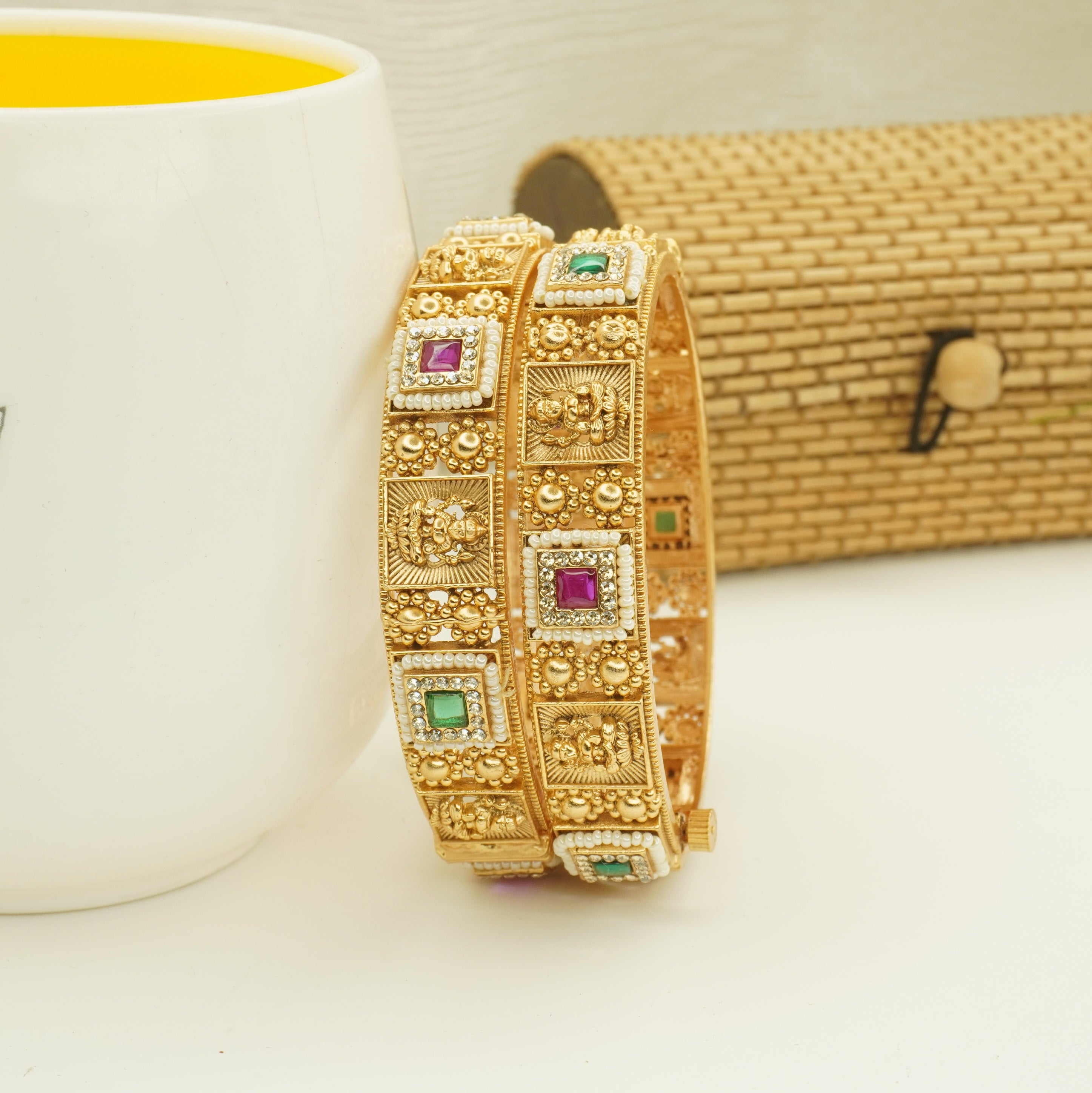 Latest Traditional Gold Plated Temple Kangan Bangles Pair Ruby Emerald AD Pearl Wedding Bangles for Women