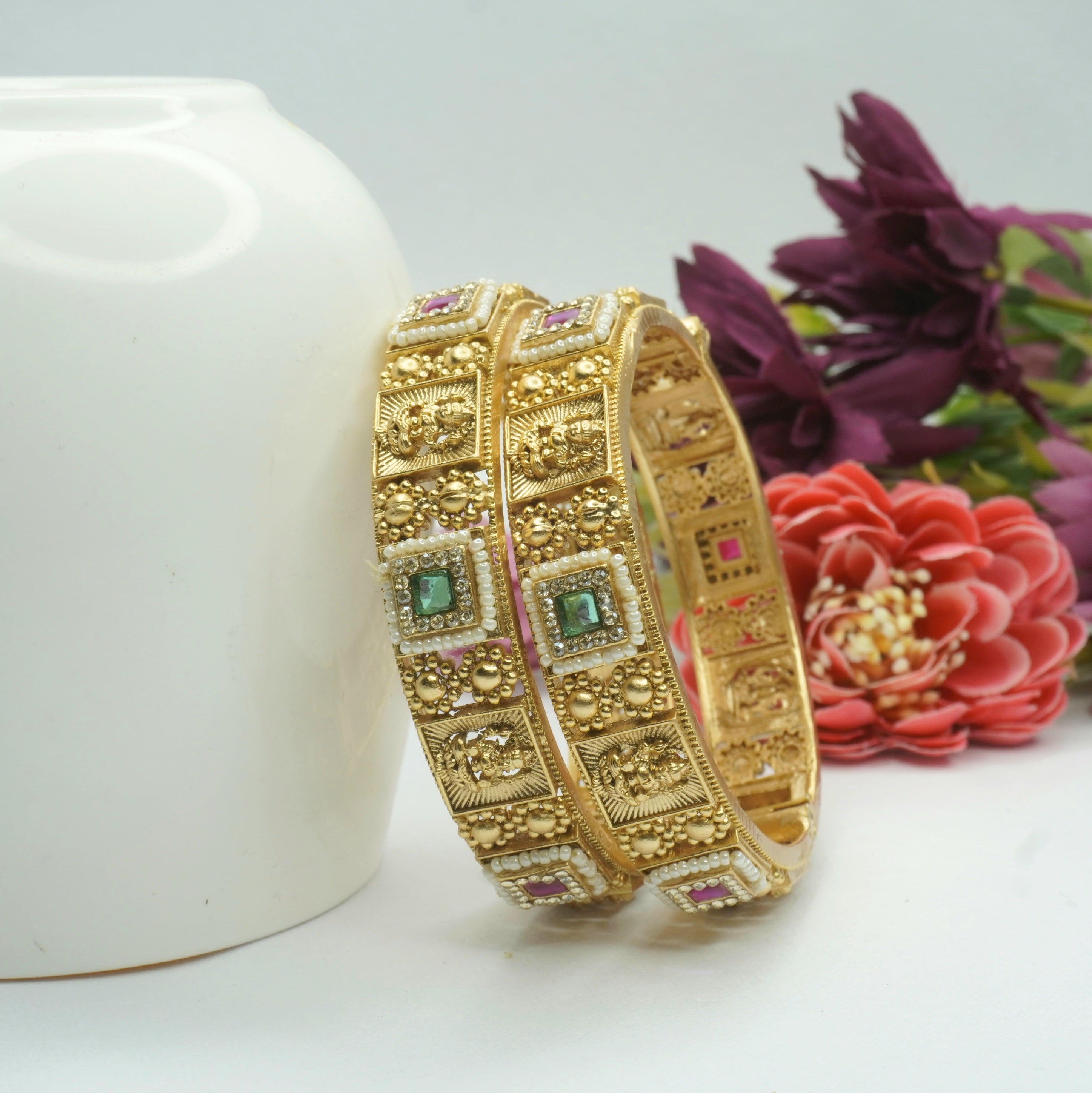 Latest Traditional Gold Plated Temple Kangan Bangles Pair Ruby Emerald AD Pearl Wedding Bangles for Women