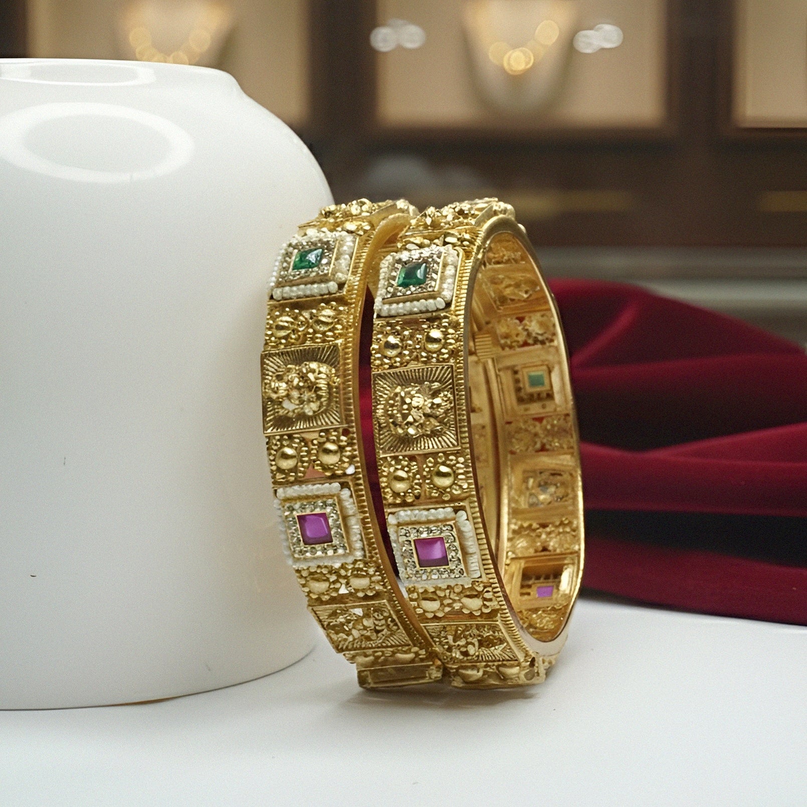 Latest Traditional Gold Plated Temple Kangan Bangles Pair Ruby Emerald AD Pearl Wedding Bangles for Women