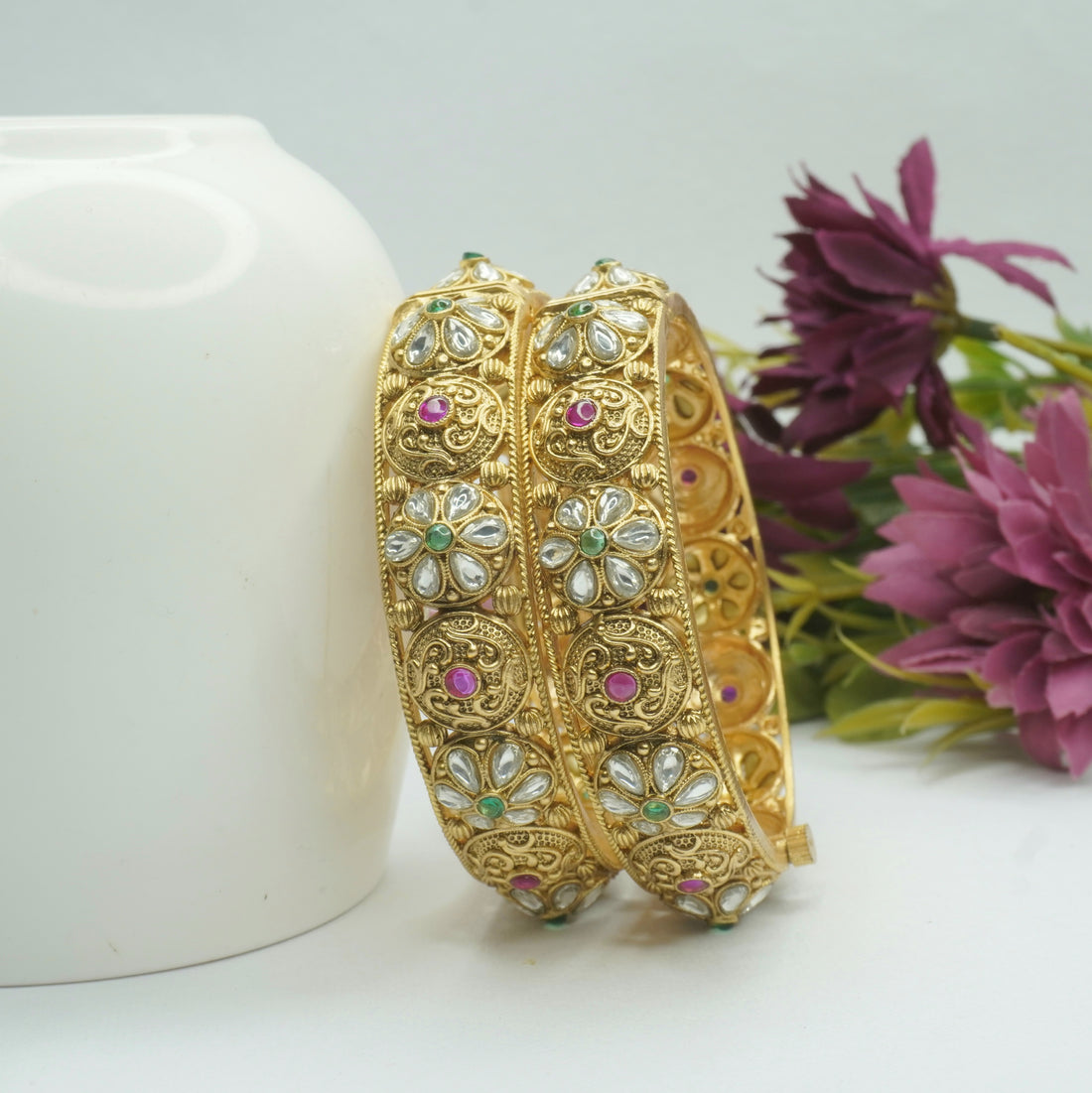 Gold Plated Kundan Stone Bangles Pair for Women - Traditional Indian Wedding Jewelry