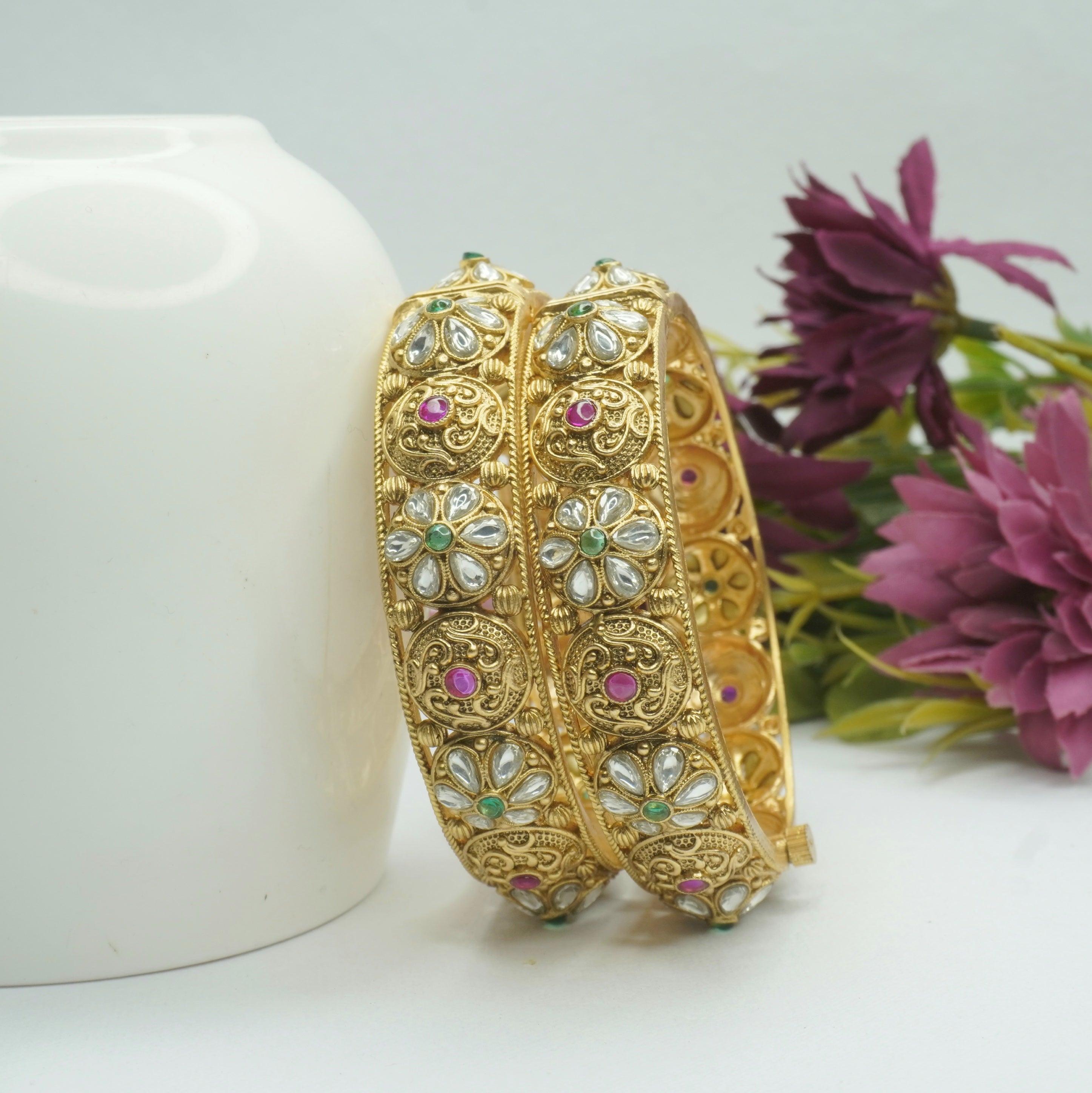 Gold Plated Kundan Stone Bangles Pair for Women - Traditional Indian Wedding Jewelry