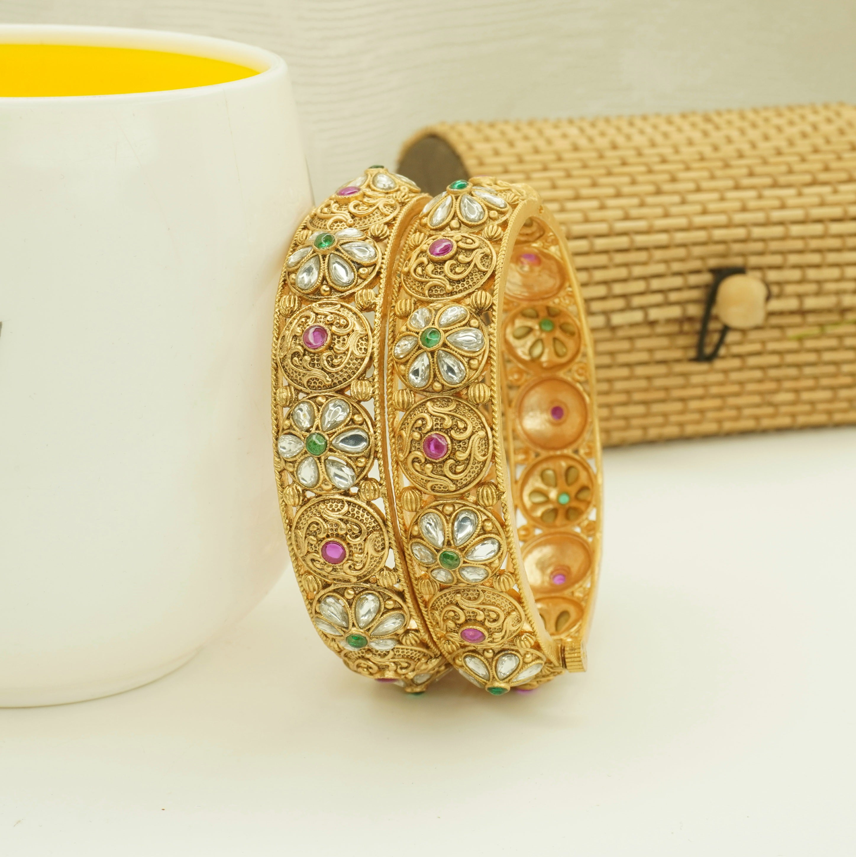 Gold Plated Kundan Stone Bangles Pair for Women - Traditional Indian Wedding Jewelry