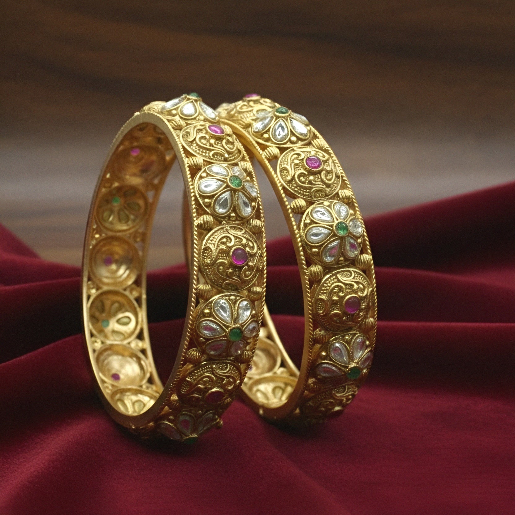 Gold Plated Kundan Stone Bangles Pair for Women - Traditional Indian Wedding Jewelry