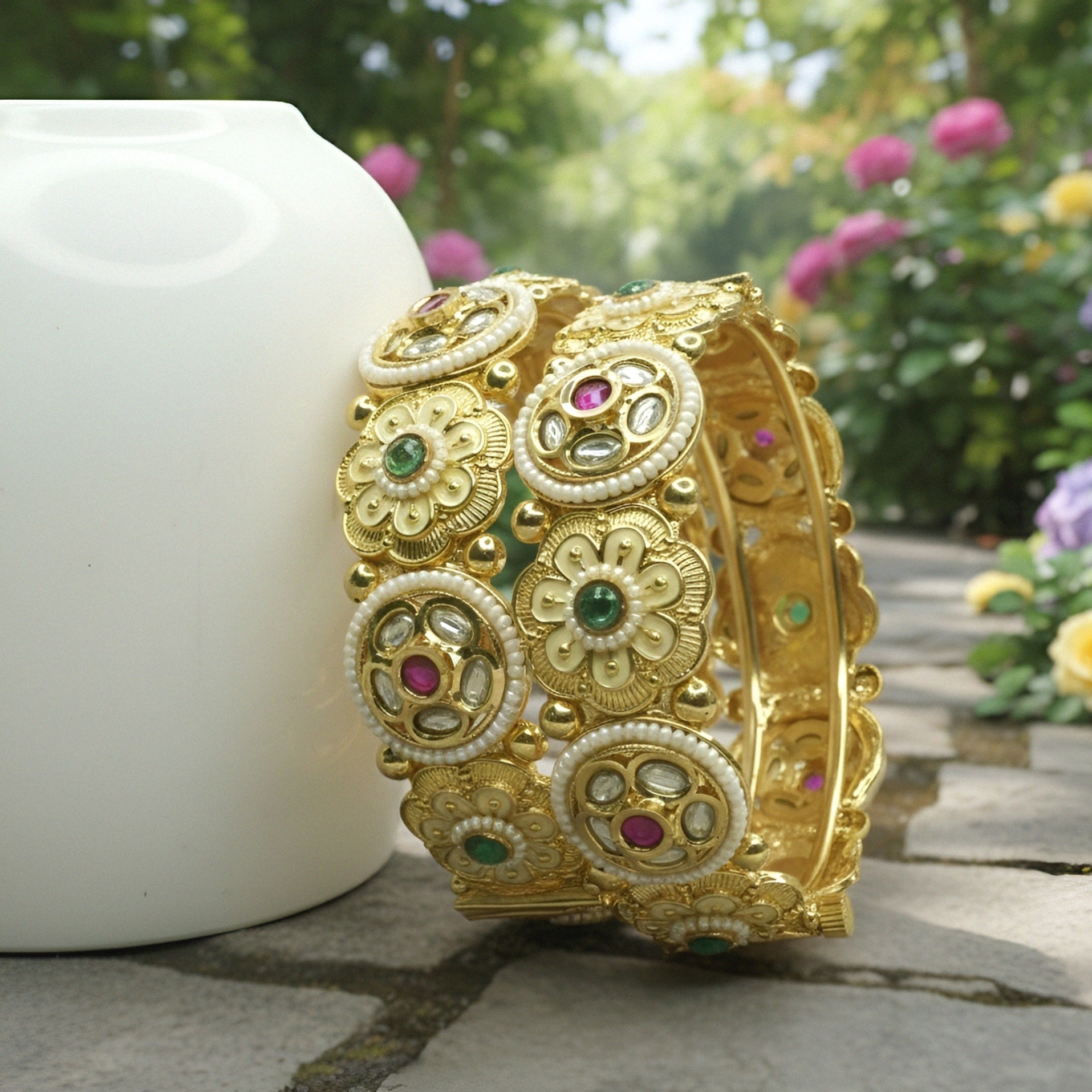 Gold Plated Kundan Floral Openable Bangles Pair for Women – Traditional Designer Bridal Wedding Ethnic Kangan Jewelry