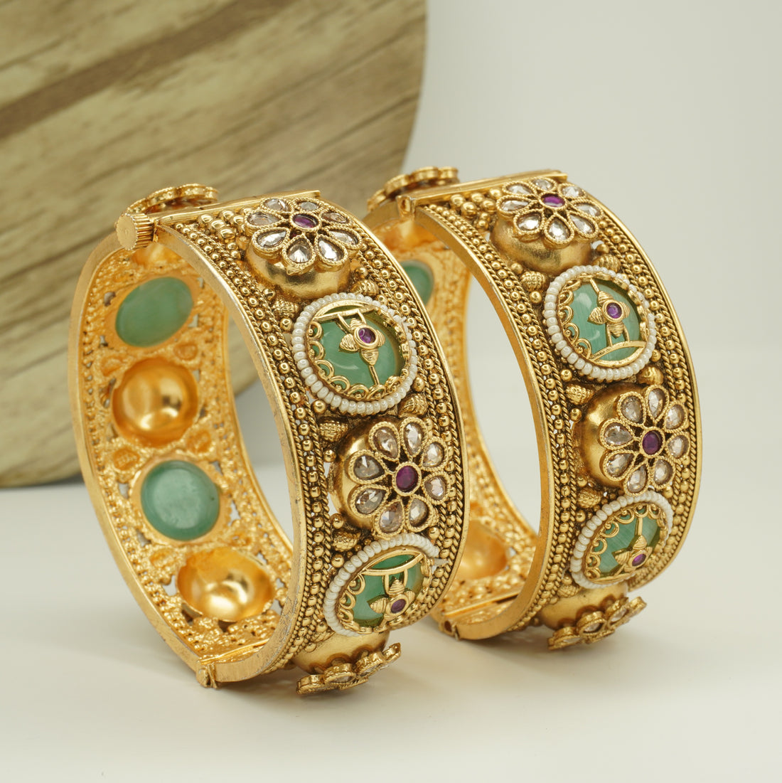 Traditional Bridal Gold Plated Green Meenakari Kundan Openable Kangan Bangles Pair for Wedding Women