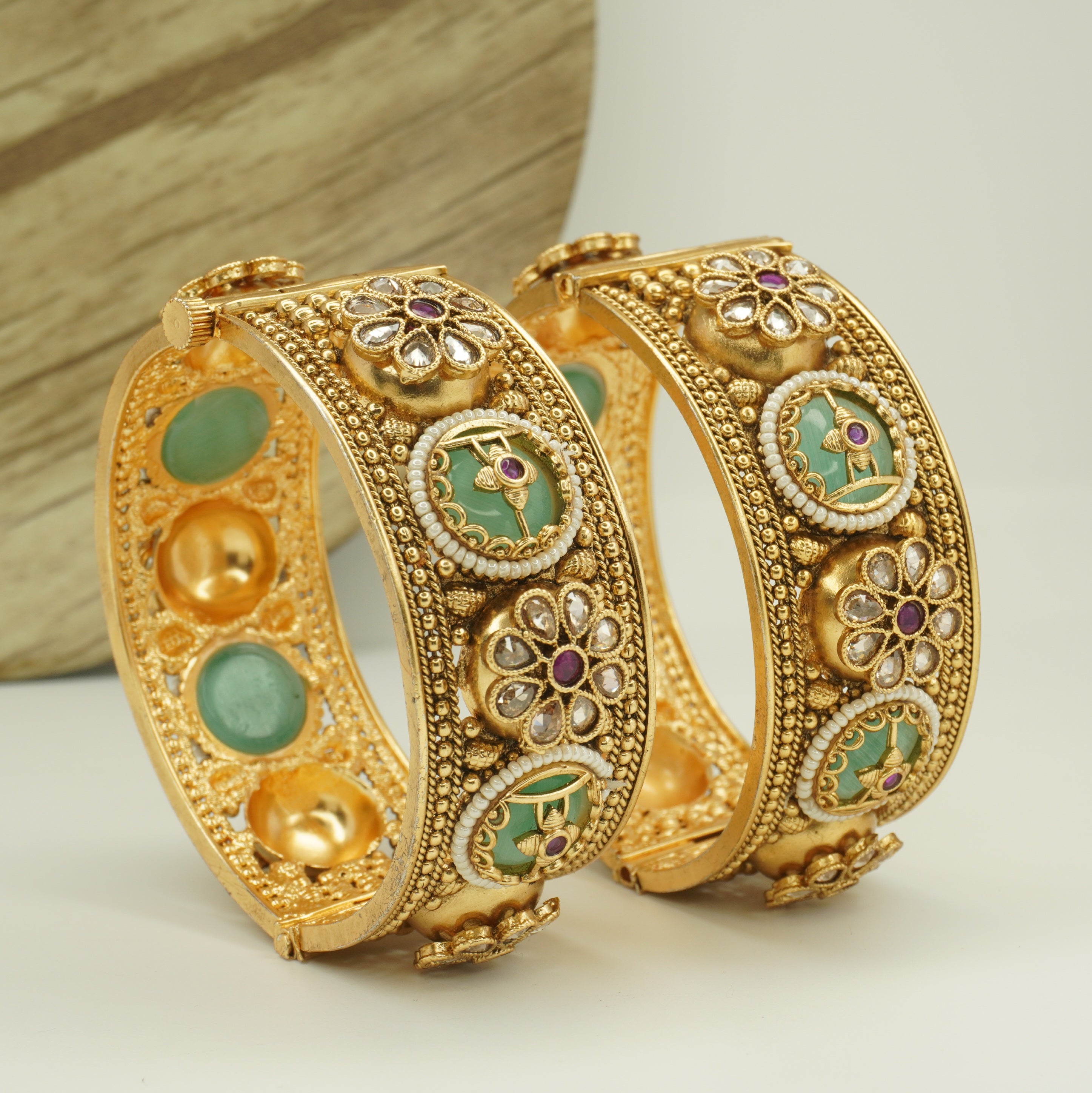 Traditional Bridal Gold Plated Green Meenakari Kundan Openable Kangan Bangles Pair for Wedding Women