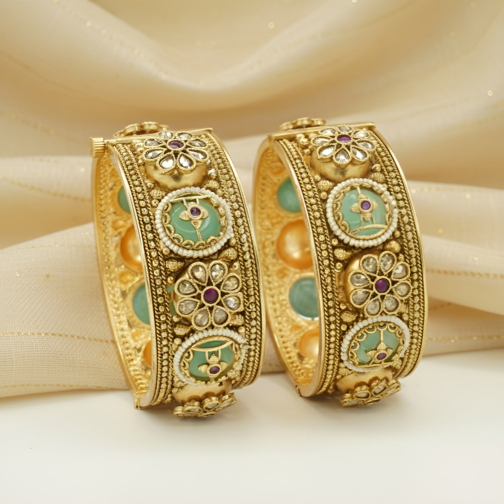 Traditional Bridal Gold Plated Green Meenakari Kundan Openable Kangan Bangles Pair for Wedding Women