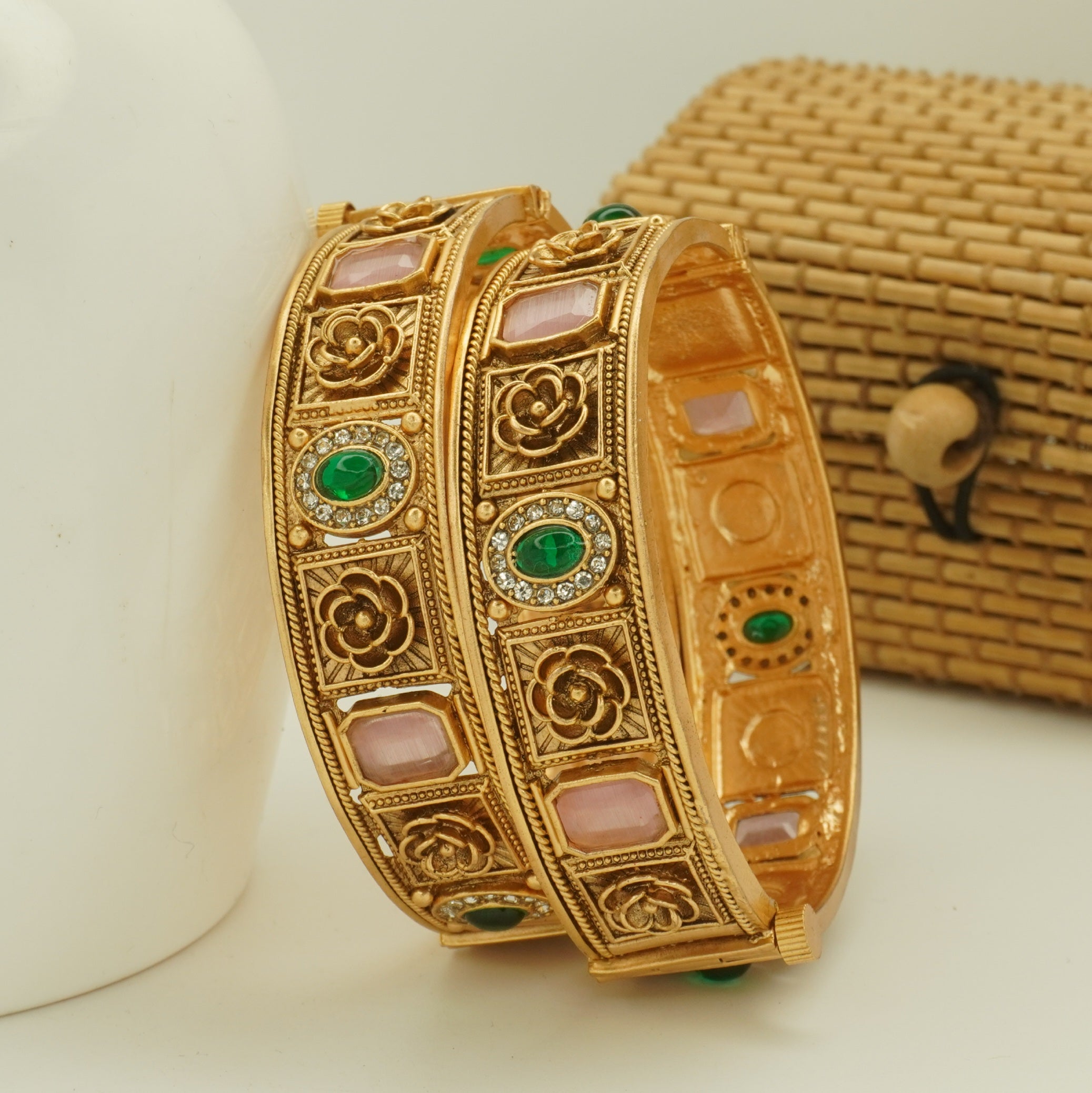 Designer Gold Plated Bridal Bangles Pair for Women – Traditional Floral Stone Wedding Kangan