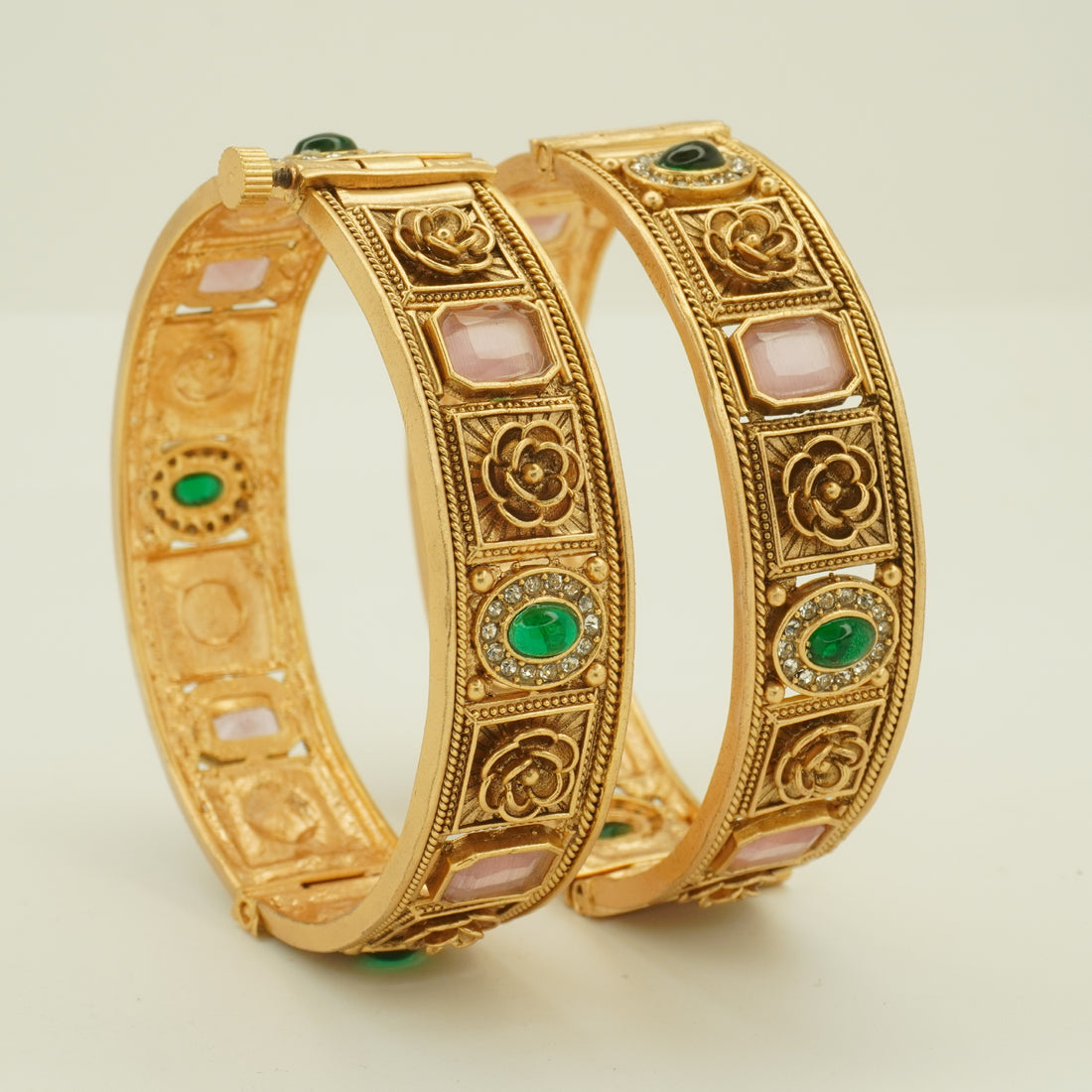 Designer Gold Plated Bridal Bangles Pair for Women – Traditional Floral Stone Wedding Kangan