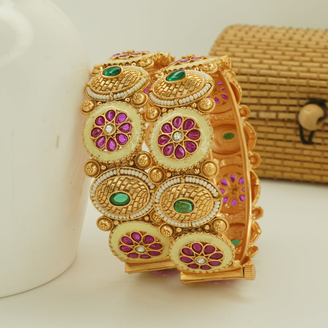 Gold Plated Meenakari Kundan Bangles Pair for Women – Traditional Indian Bridal Wedding Kangan