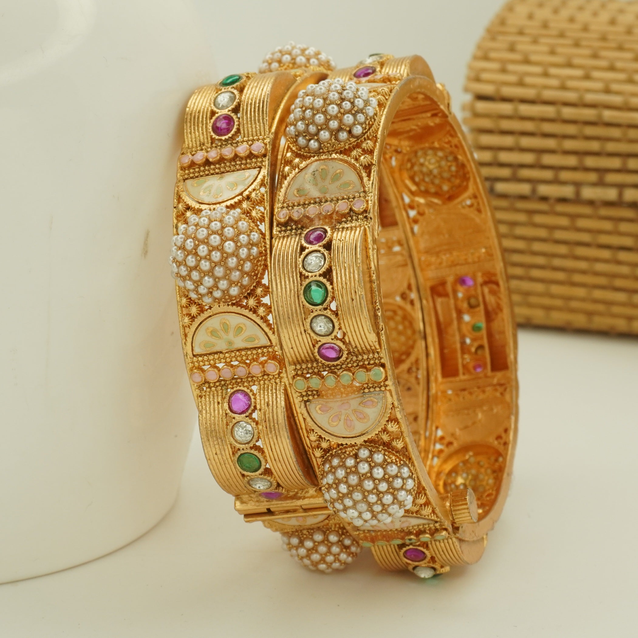 Designer Gold Tone Pearl Kangan Bangles Set – Traditional Indian Wedding Party Wear Jewelry