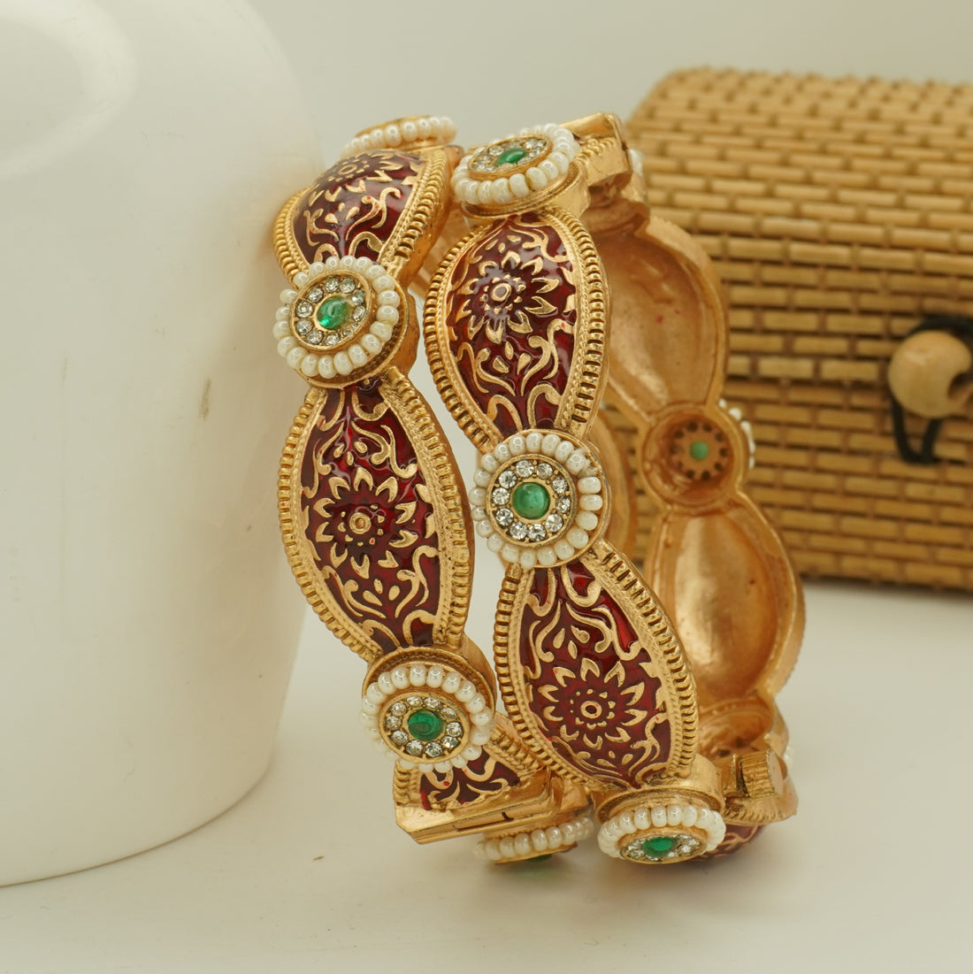 Latest Maroon Meenakari Gold Kangan Pair Traditional Party Wear Bangles for Women