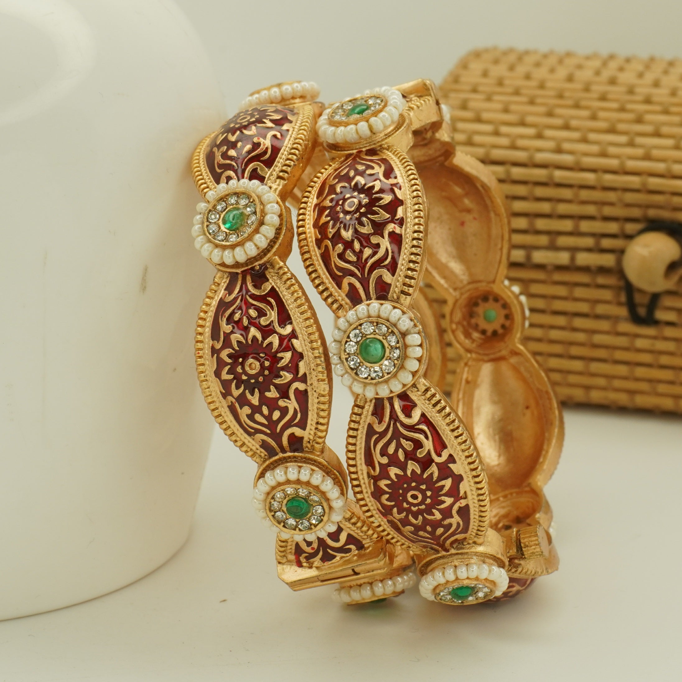 Latest Maroon Meenakari Gold Kangan Pair Traditional Party Wear Bangles for Women