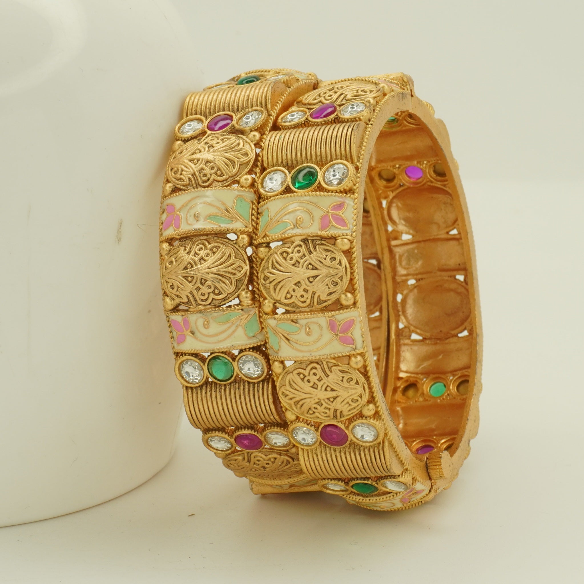 Handcrafted Gold Plated Meenakari CZ Bridal Bangles Pair - Indian Ethnic Wedding Jewelry for Women