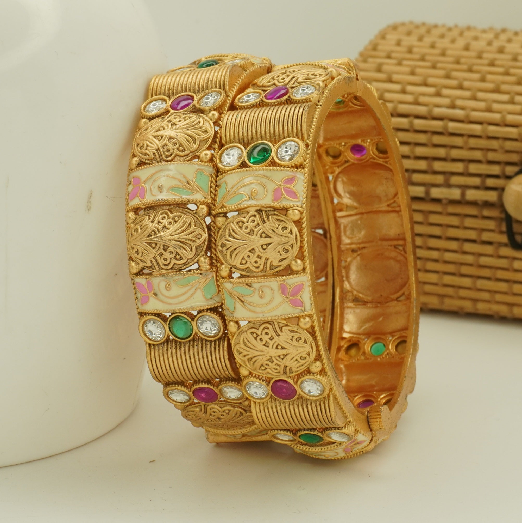 Handcrafted Gold Plated Meenakari CZ Bridal Bangles Pair - Indian Ethnic Wedding Jewelry for Women