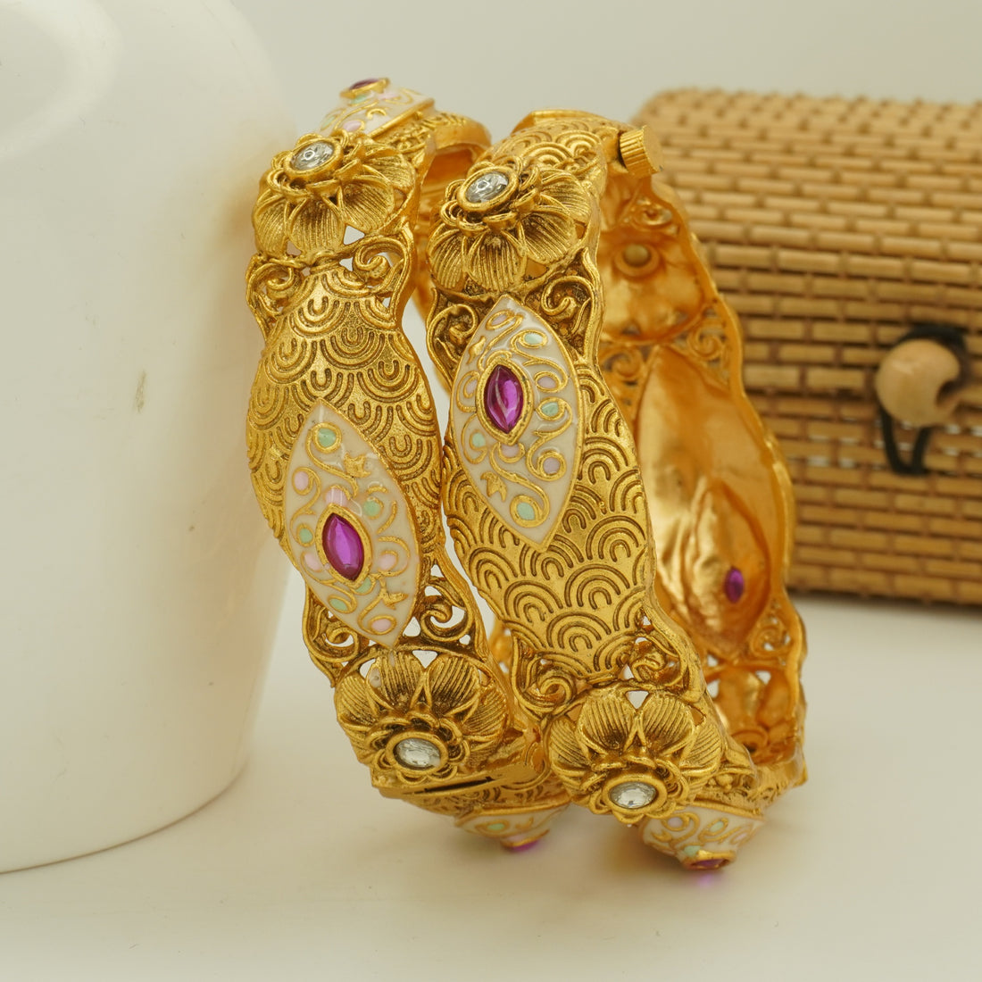 Luxury Designer Gold Meenakari Floral Kangan Pair Pink Stone Statement Bangles for Wedding & Festive Wear