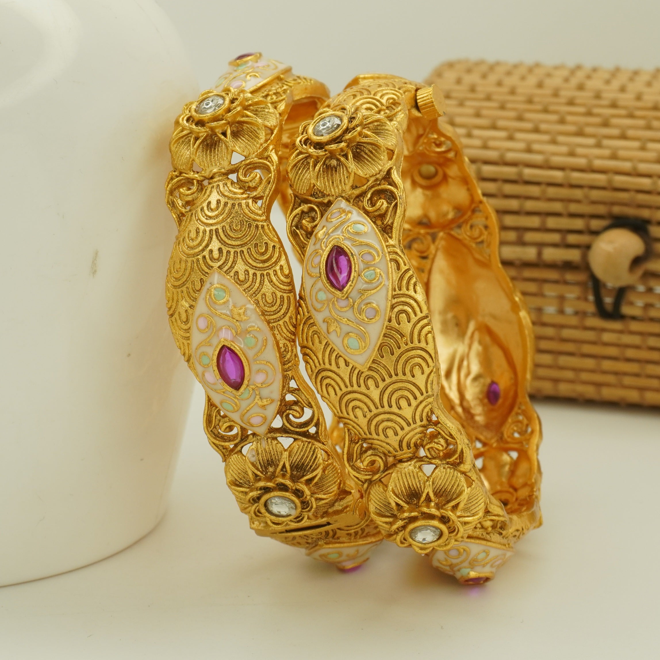 Luxury Designer Gold Meenakari Floral Kangan Pair Pink Stone Statement Bangles for Wedding & Festive Wear