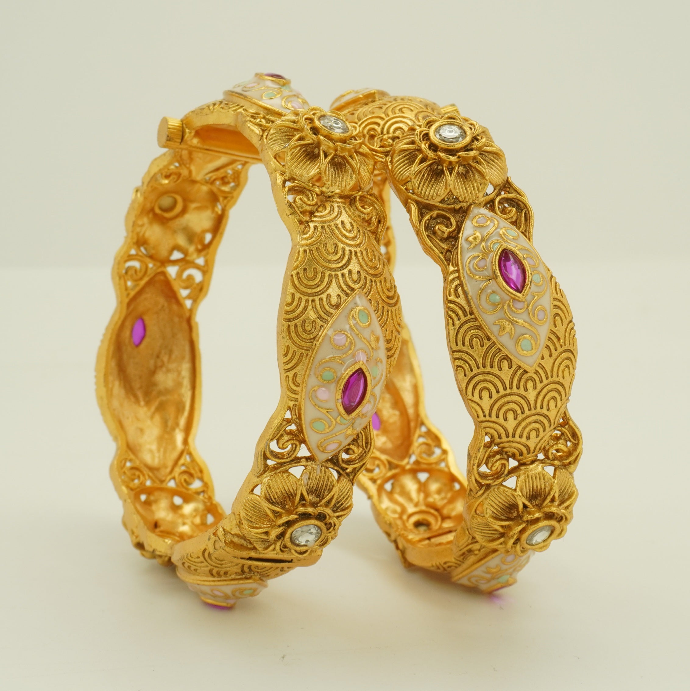Luxury Designer Gold Meenakari Floral Kangan Pair Pink Stone Statement Bangles for Wedding & Festive Wear