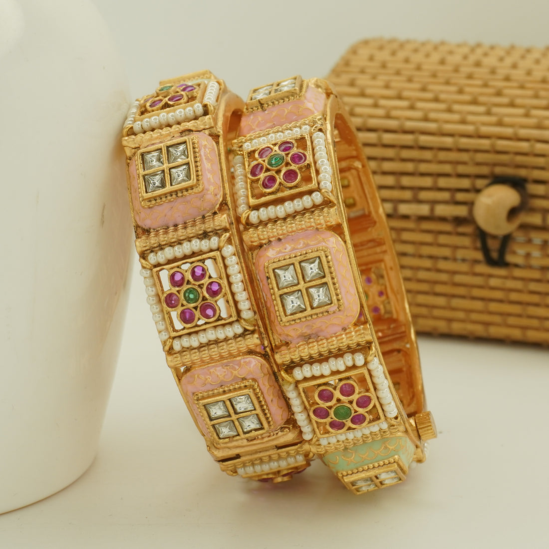 Premium Gold Plated Pink Meenakari Kundan Pearl Kangan Bangles Pair for Women Wedding Ethnic Party Wear