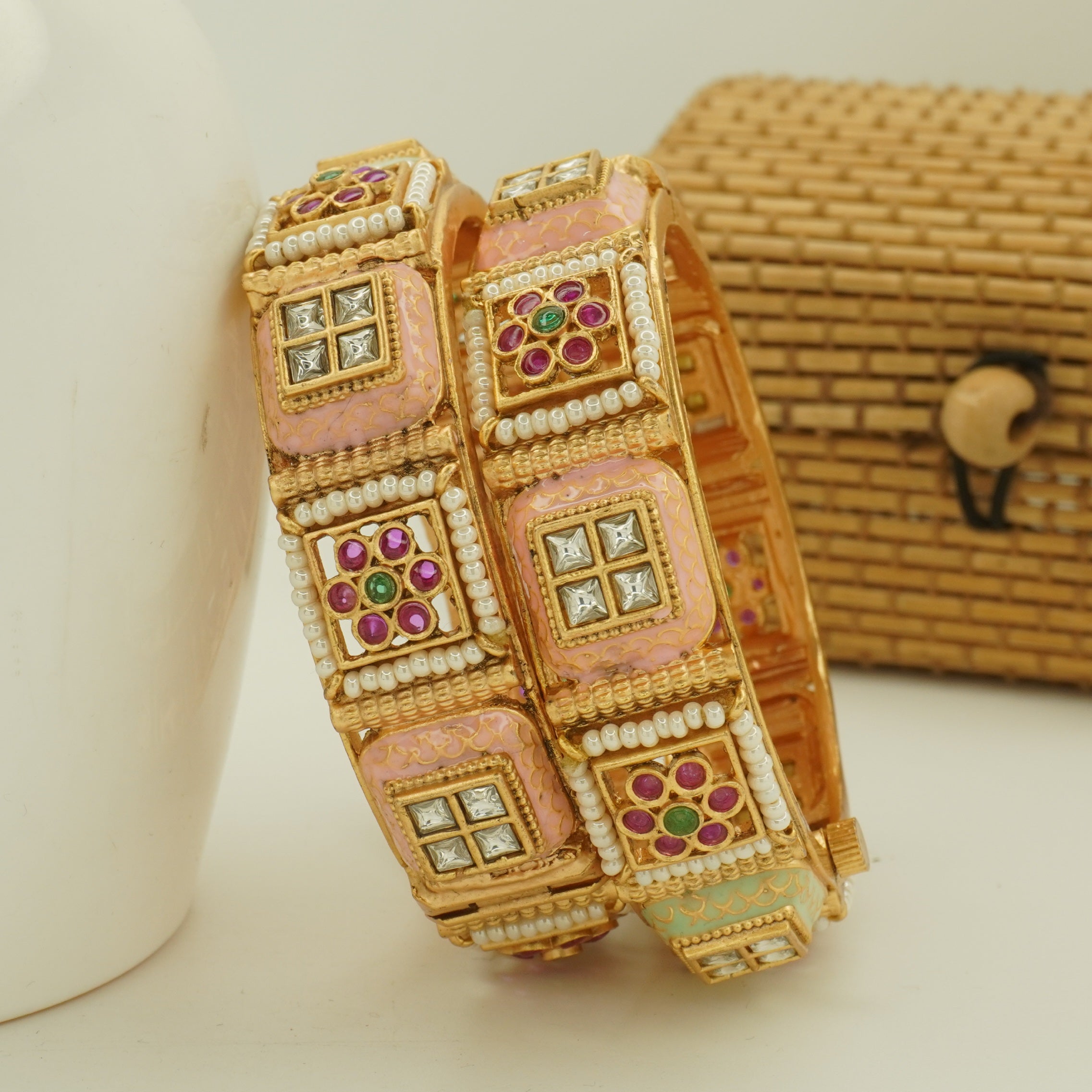 Premium Gold Plated Pink Meenakari Kundan Pearl Kangan Bangles Pair for Women Wedding Ethnic Party Wear