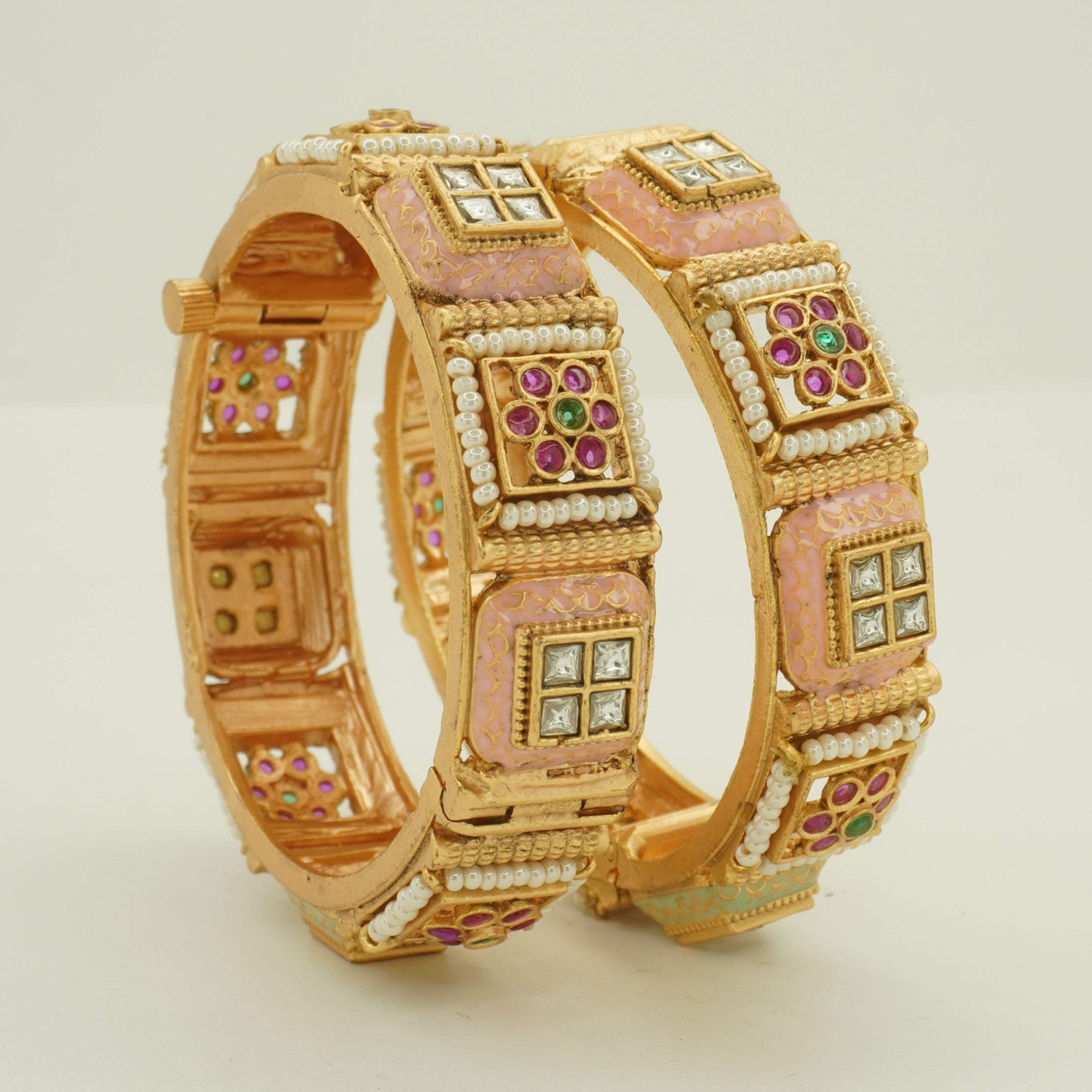 Premium Gold Plated Pink Meenakari Kundan Pearl Kangan Bangles Pair for Women Wedding Ethnic Party Wear