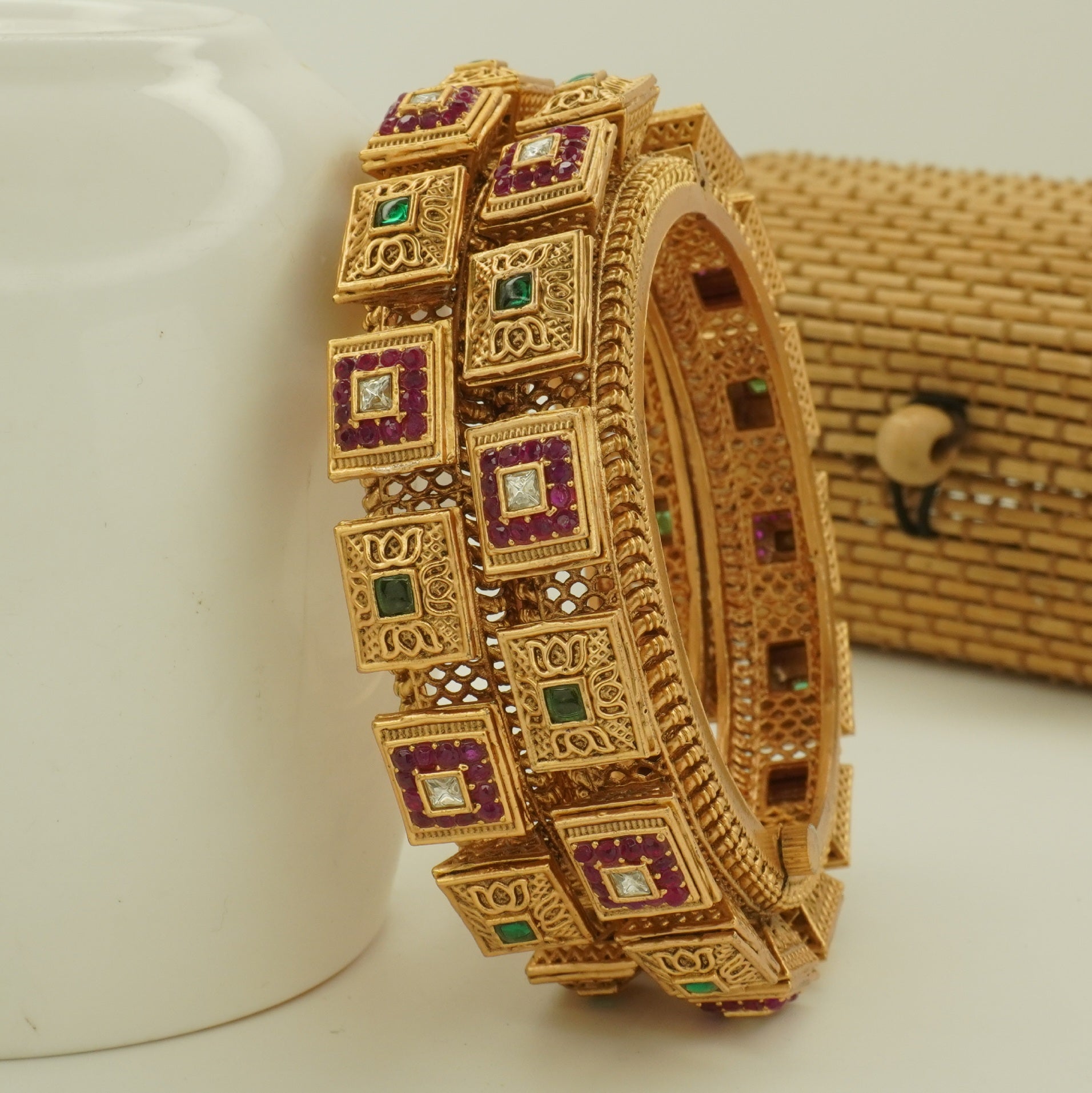 Latest Designer Gold Bangles Pair Traditional Rajwadi Kangan Wedding Party Wear for Women