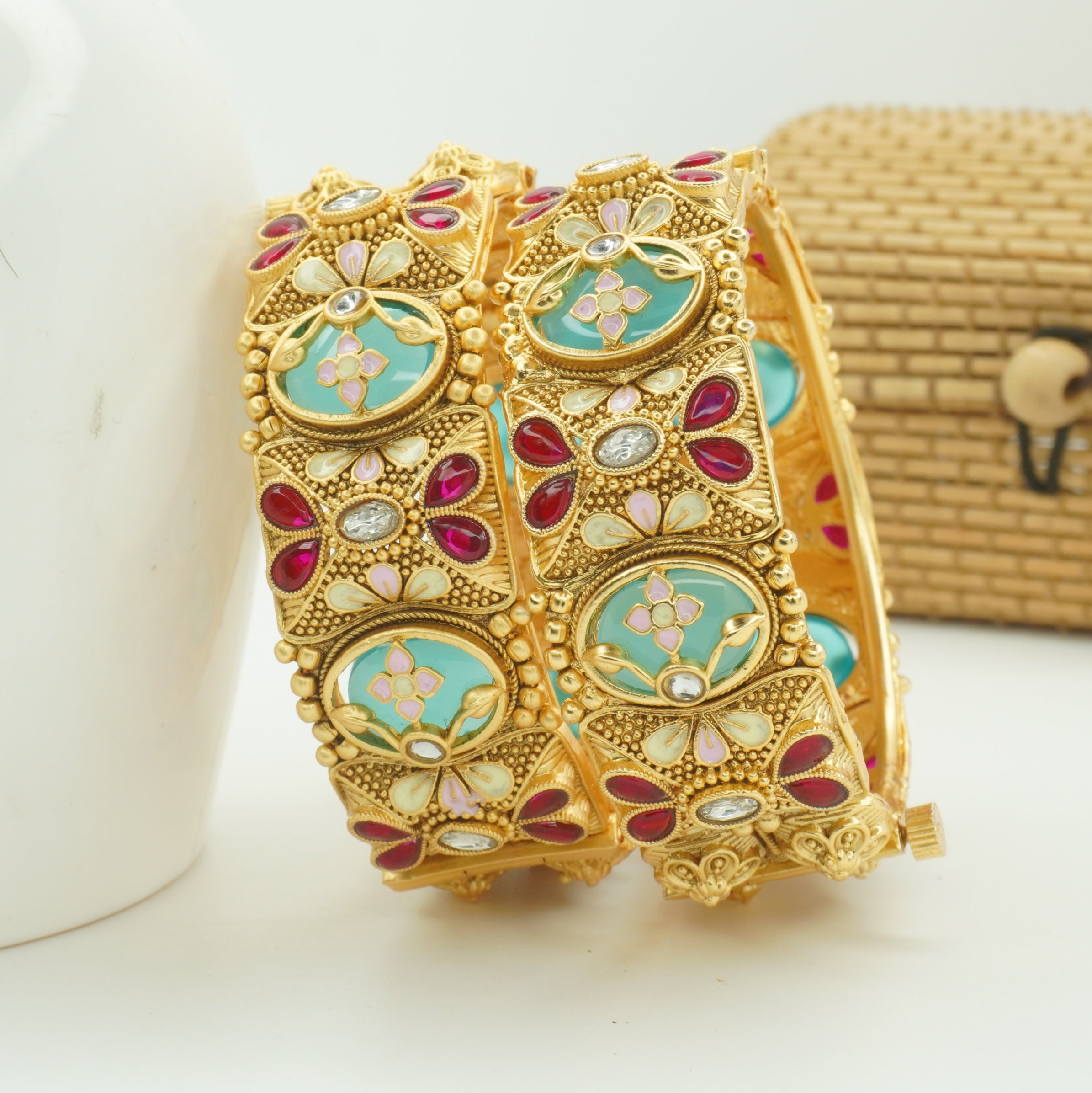 Designer Gold Plated Meenakari Ruby AD Floral Openable Kangan Bangles Pair for Women Bridal Wedding Traditional Ethnic Party Wear