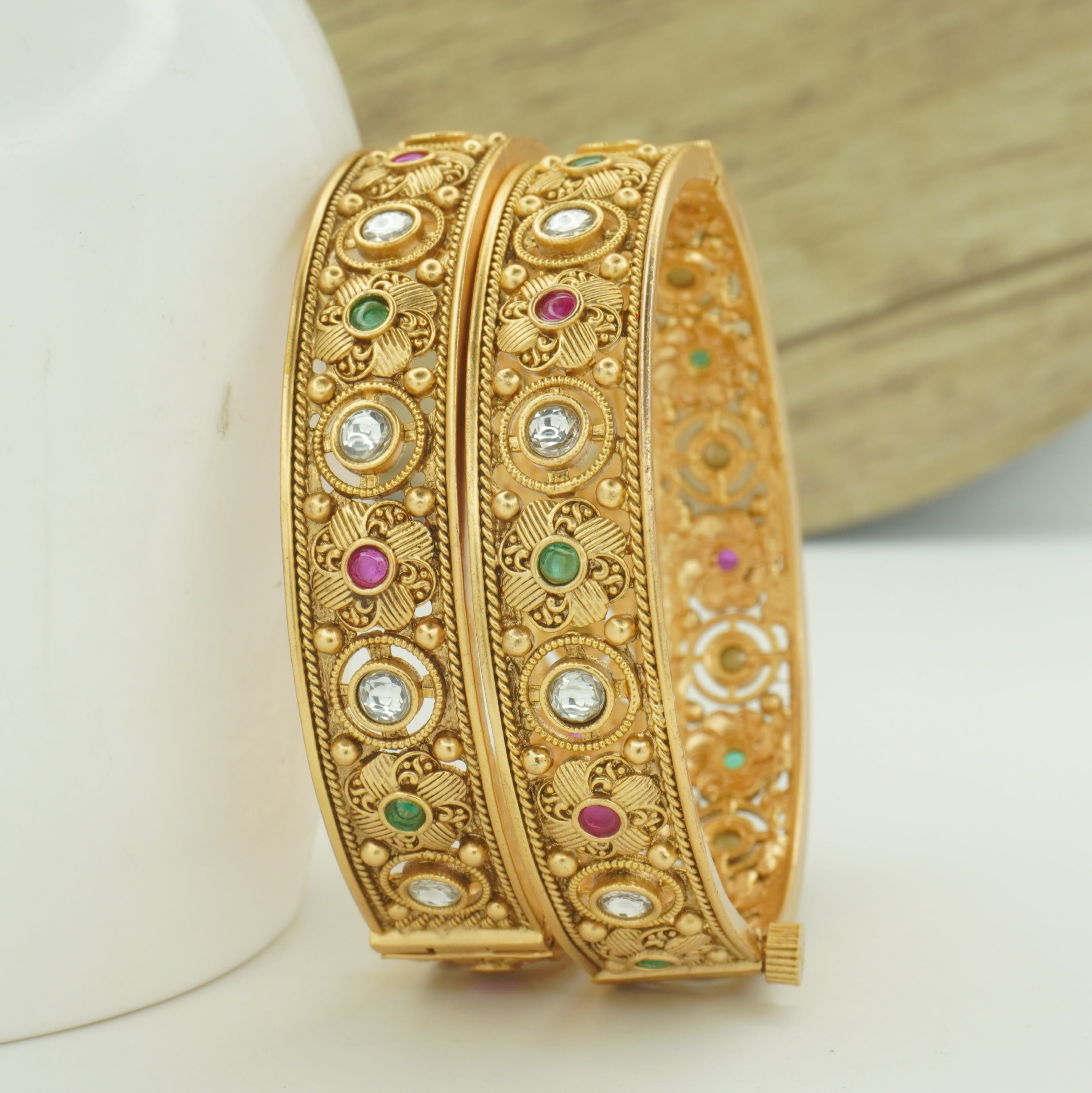 Traditional Gold Tone Kundan Stone Bridal Kangan Bangles Pair for Women - Indian Wedding Jewelry