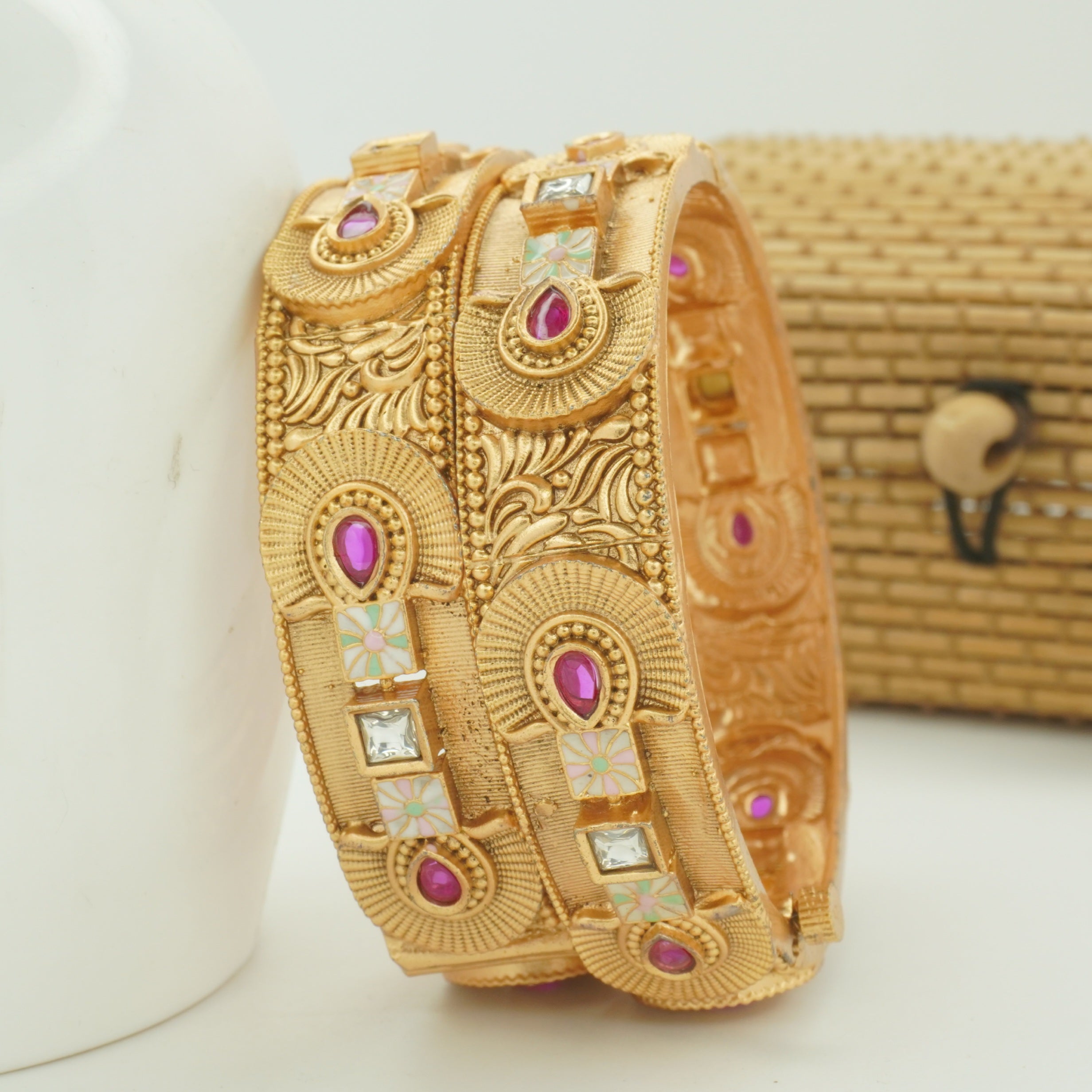 Indian Gold Tone Meenakari Stone Bangles Pair - Traditional Ethnic Wedding Jewelry for Women