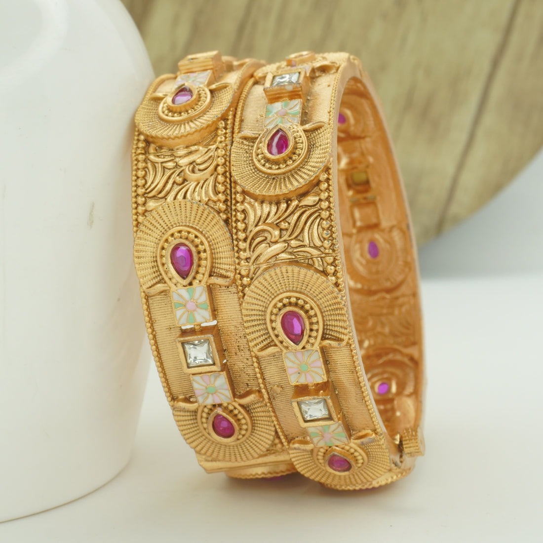 Indian Gold Tone Meenakari Stone Bangles Pair - Traditional Ethnic Wedding Jewelry for Women