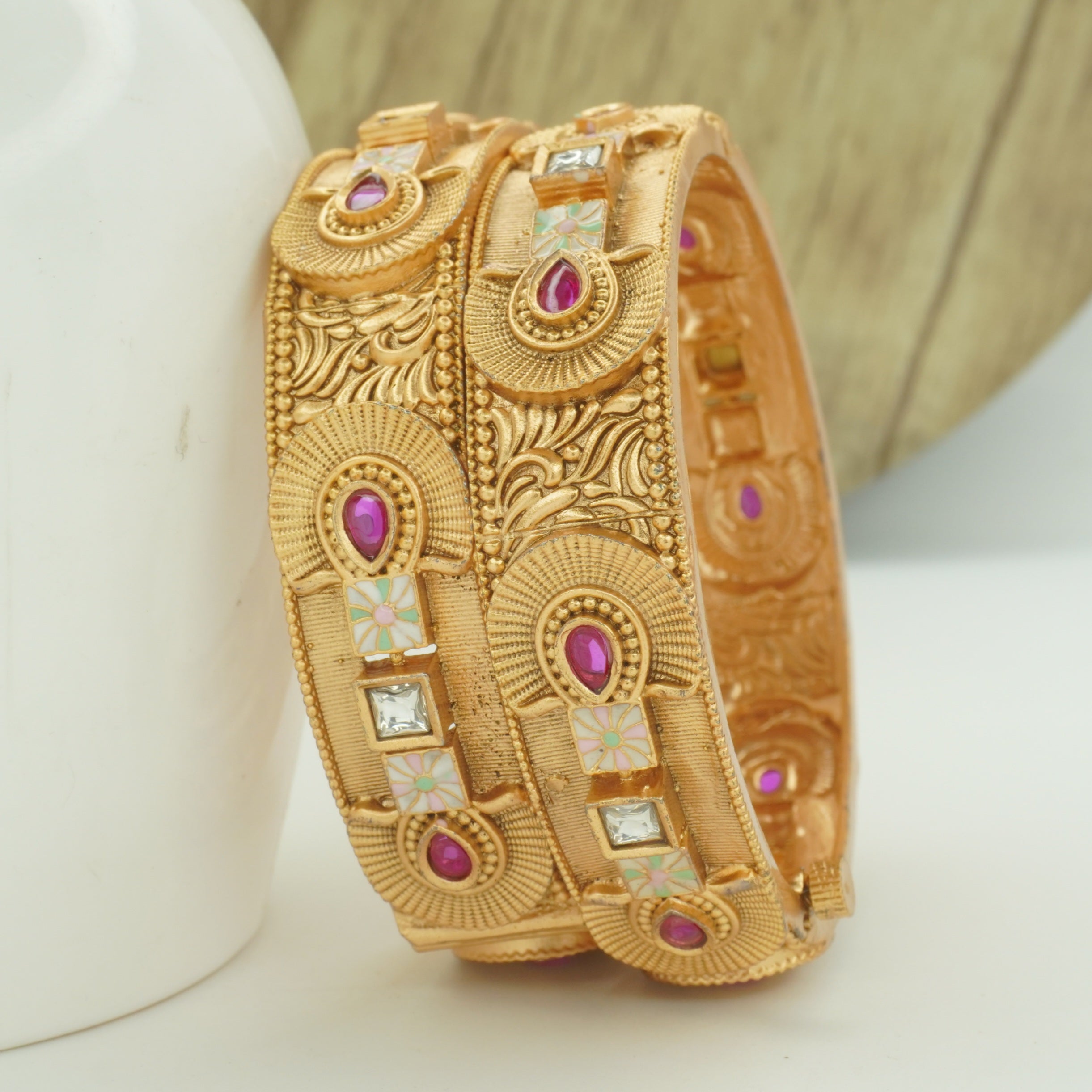 Indian Gold Tone Meenakari Stone Bangles Pair - Traditional Ethnic Wedding Jewelry for Women