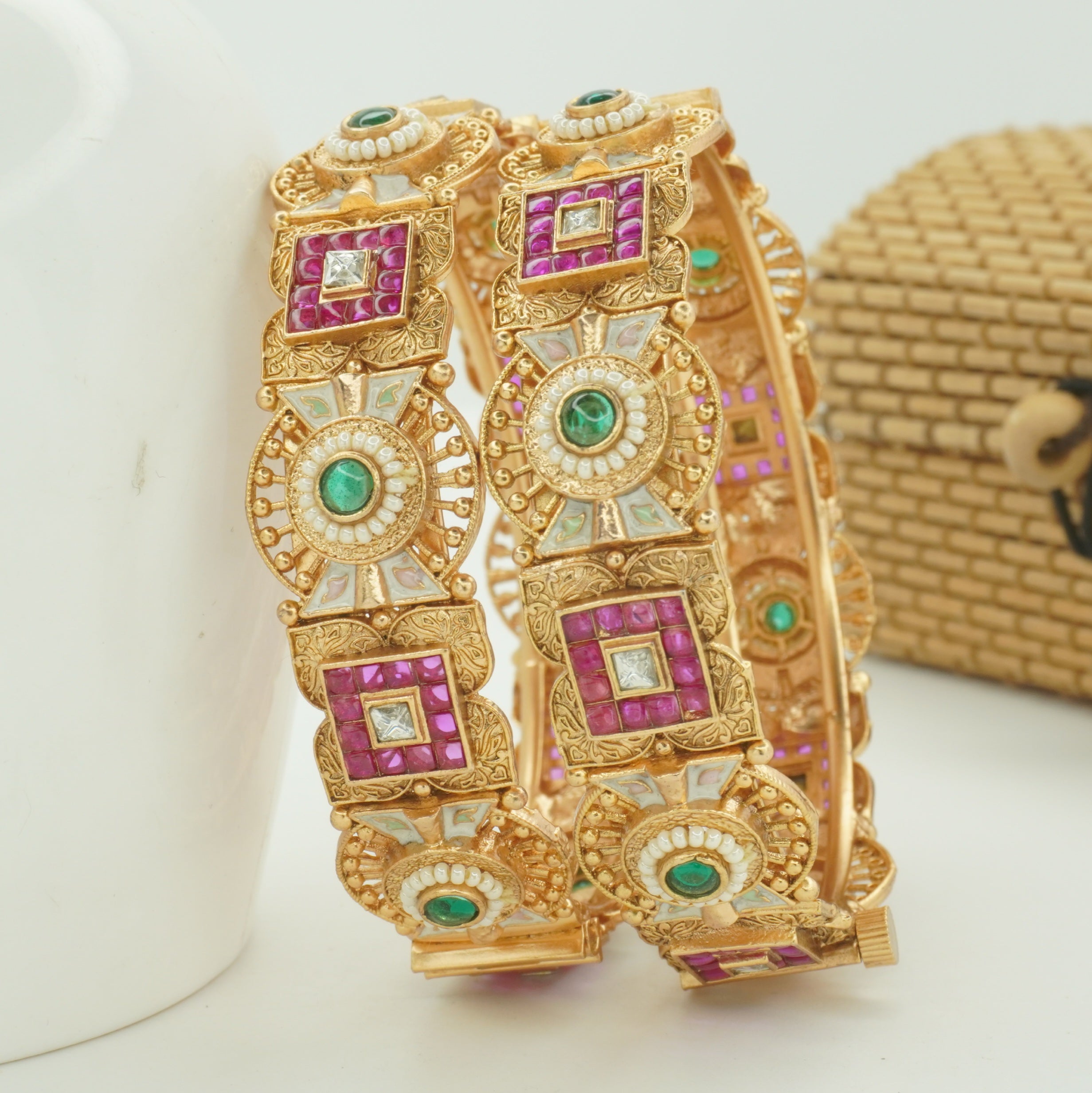 Designer Gold Plated Meenakari AD Pearl Kangan Bangles Pair for Women Bridal Wedding Party Wear