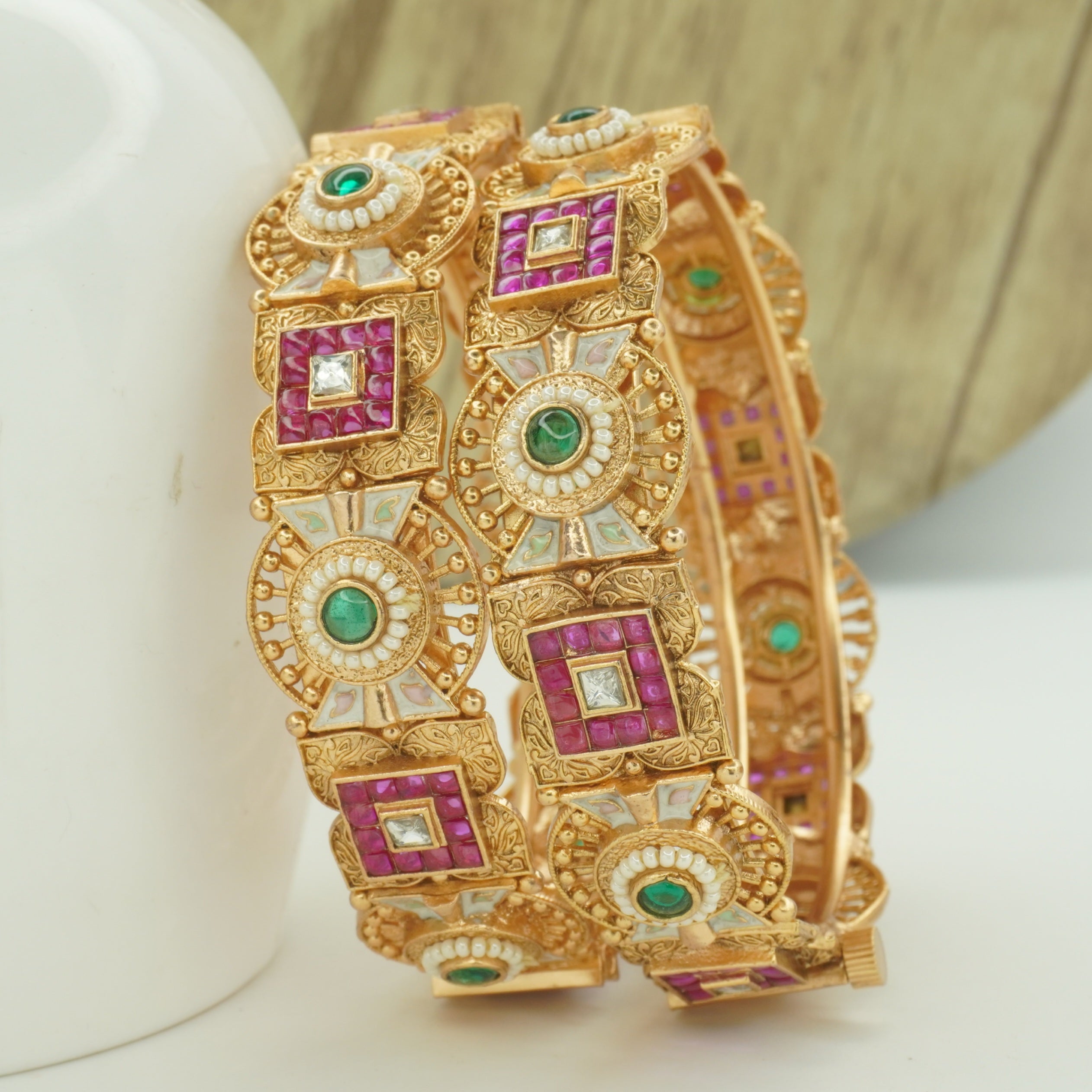 Designer Gold Plated Meenakari AD Pearl Kangan Bangles Pair for Women Bridal Wedding Party Wear