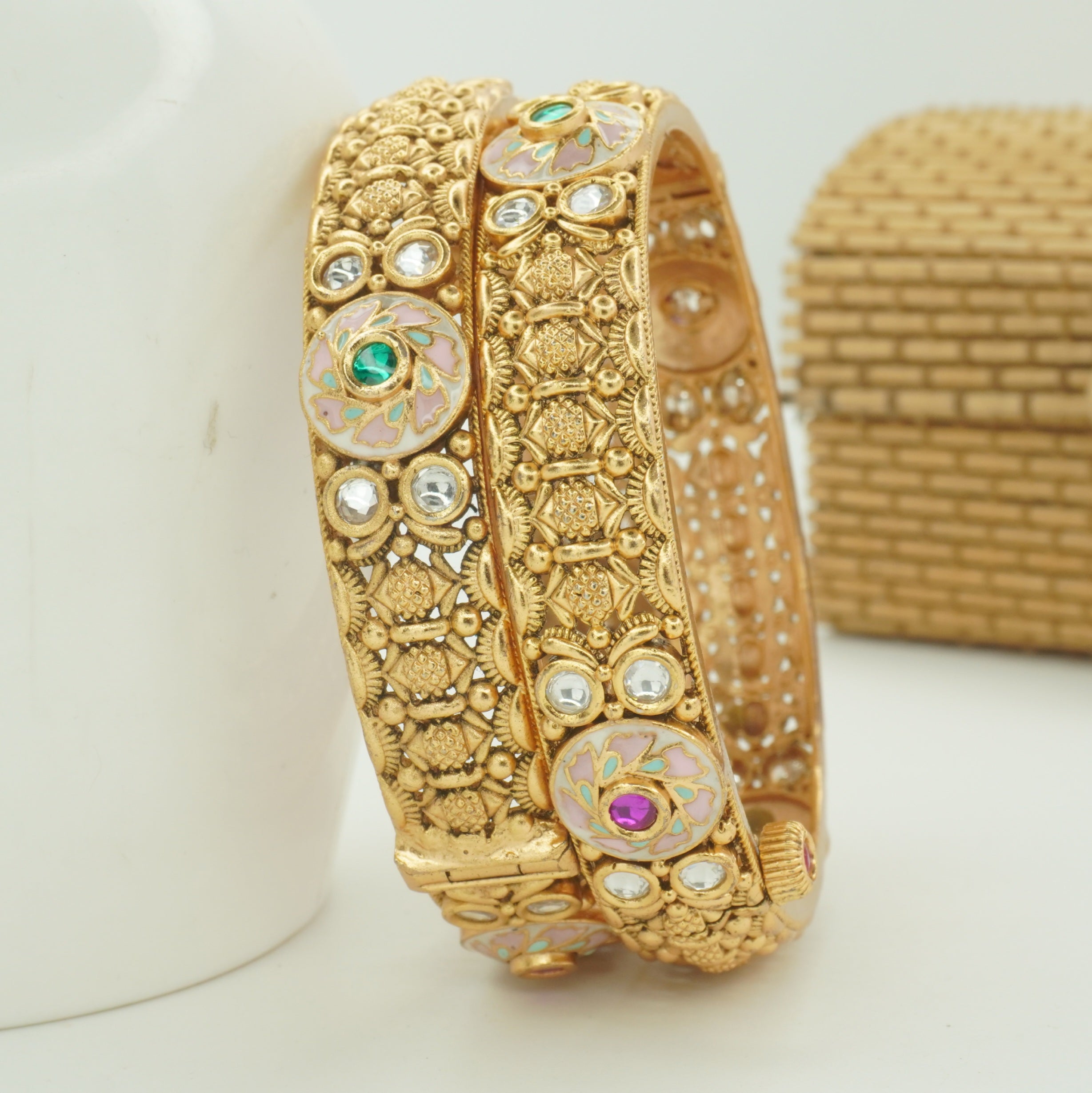 Traditional Indian Meenakari Kundan Style Bangles Pair – Antique Gold Tone Ethnic Jewelry for Women