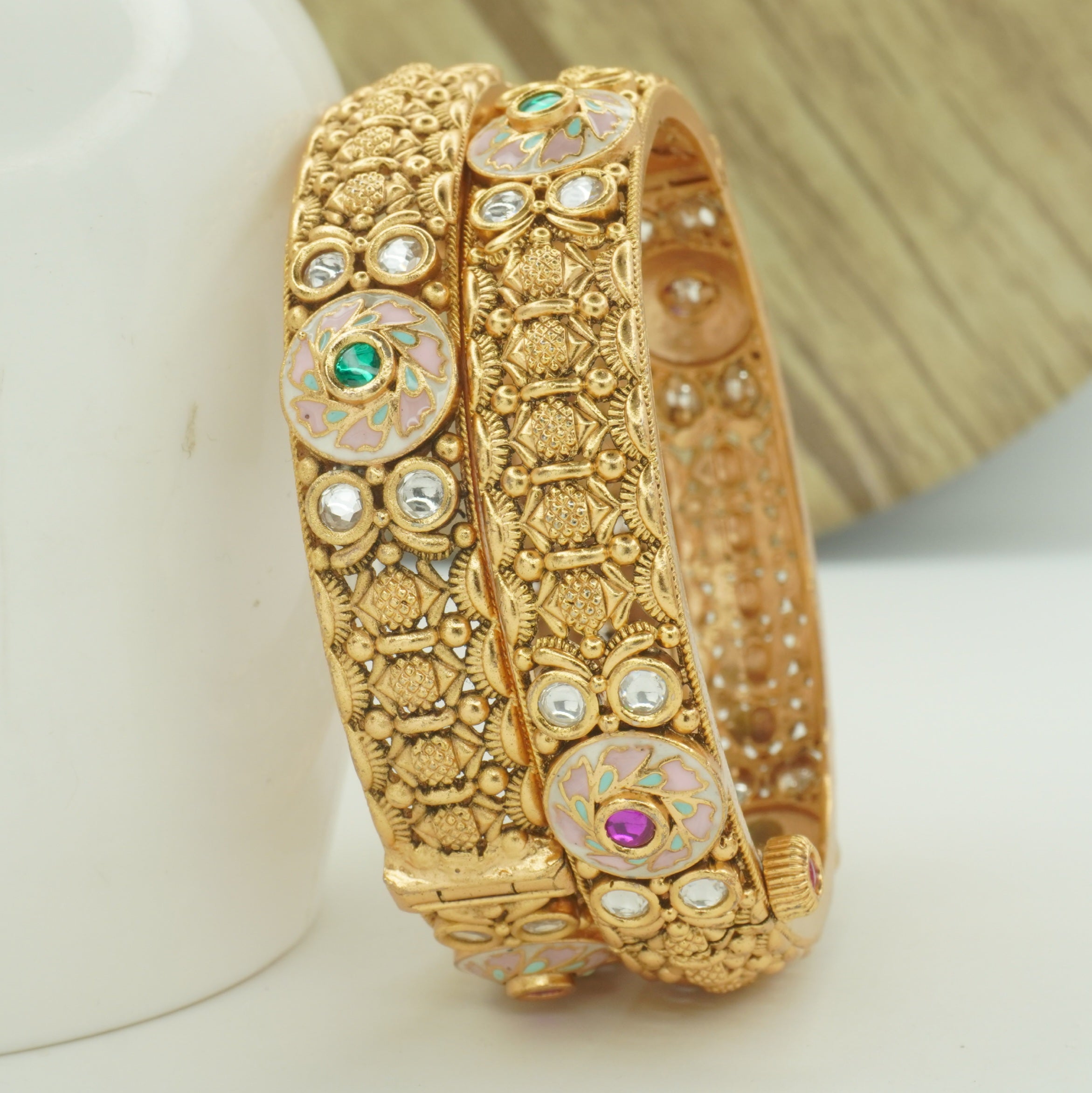 Traditional Indian Meenakari Kundan Style Bangles Pair – Antique Gold Tone Ethnic Jewelry for Women