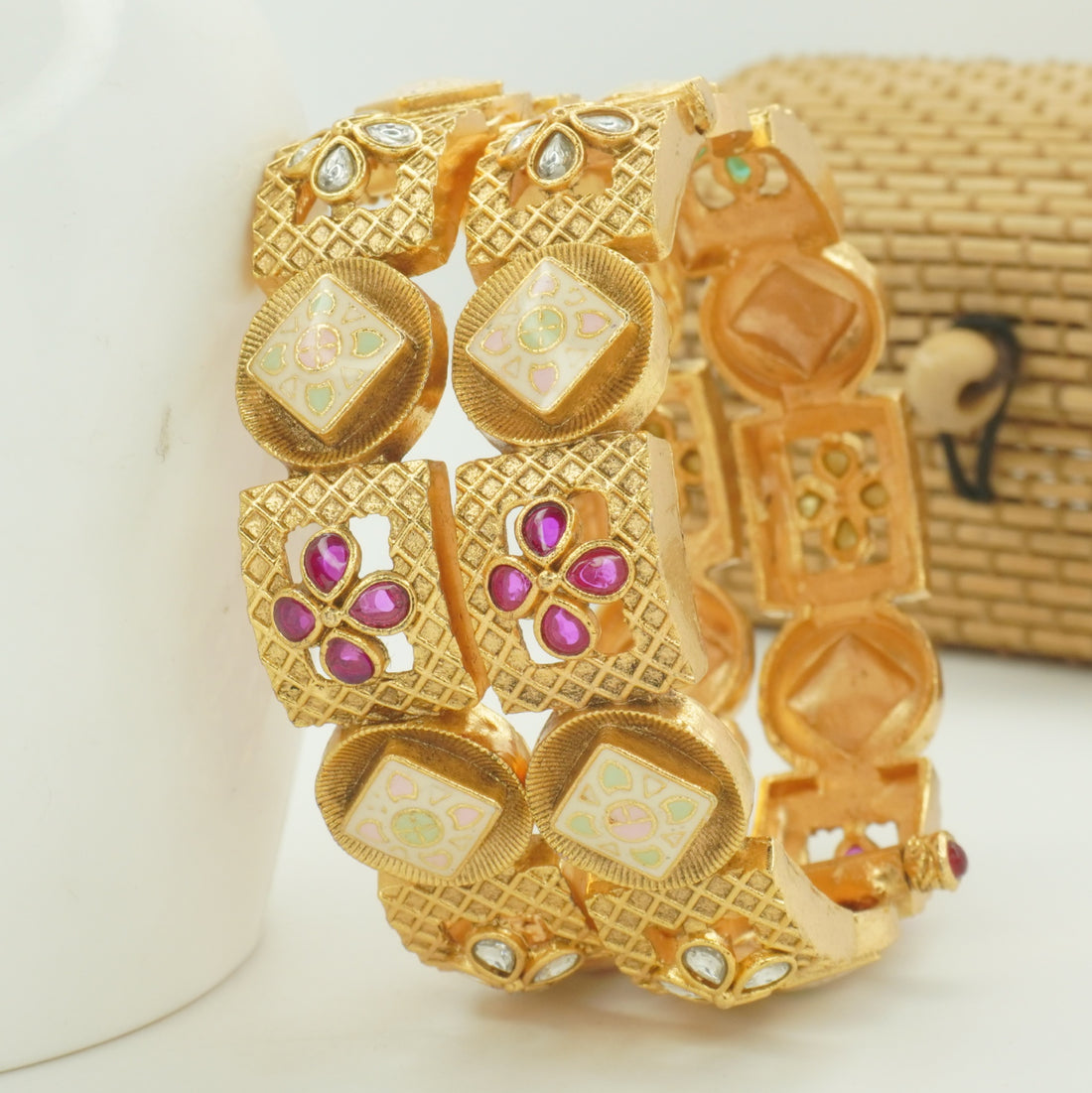 Gold Plated Meenakari Kundan Bangles Set for Women – Traditional Indian Wedding Bridal Jewelry