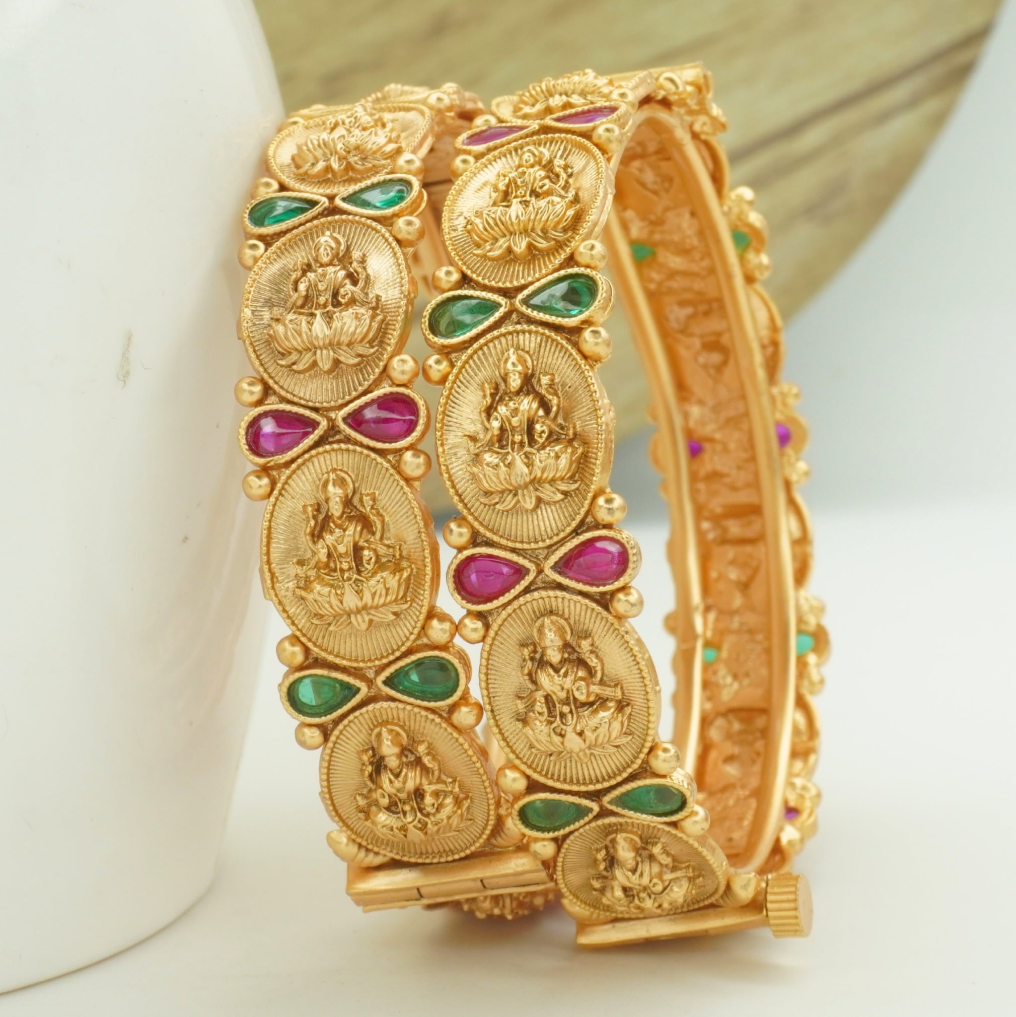 Gold Plated Lakshmi Temple Bangles Pair for Women - Traditional Bridal Kangan with Ruby Emerald Stones