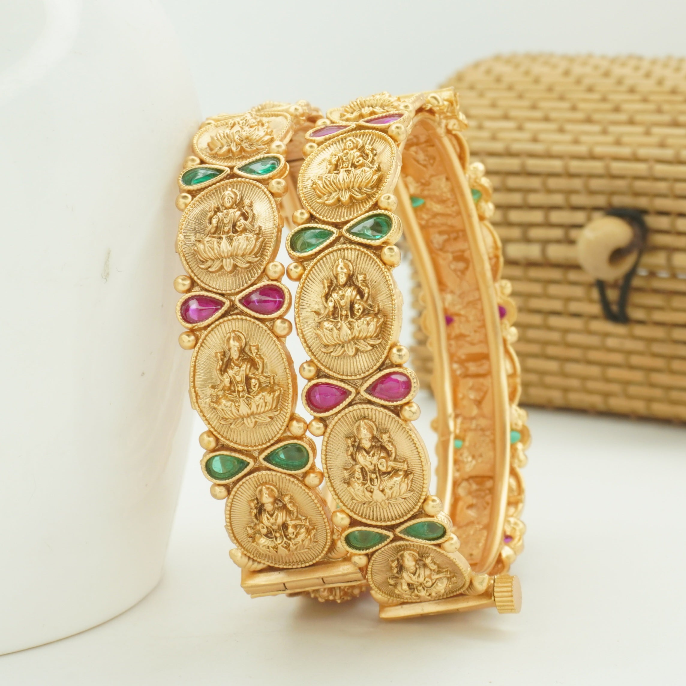 Gold Plated Lakshmi Temple Bangles Pair for Women - Traditional Bridal Kangan with Ruby Emerald Stones